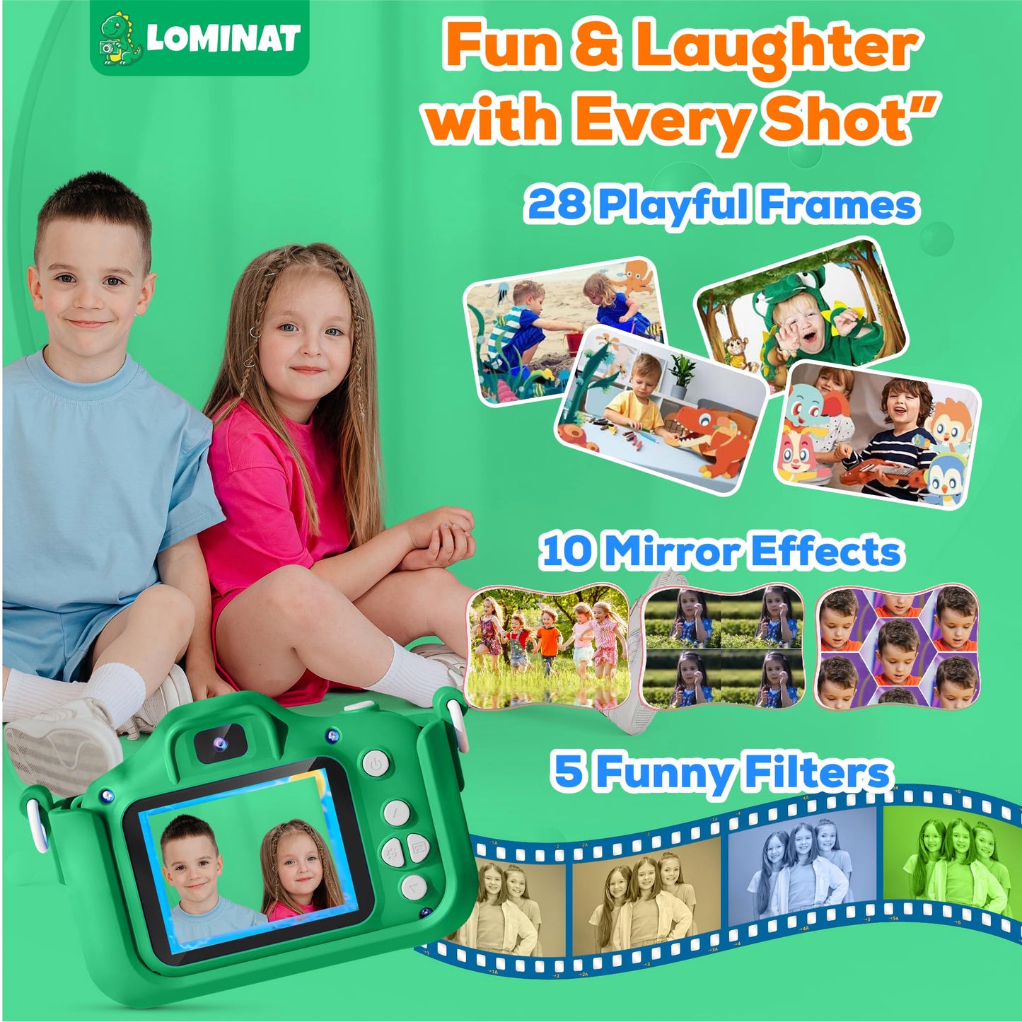 Kids Camera for 3, 4, 5, 6, 7, 8, 9 Year Old Boys Girls - 1080P HD Kids Video Camera, Dinosaur Christmas Birthday Gifts, Toddler Dual Lens Digital