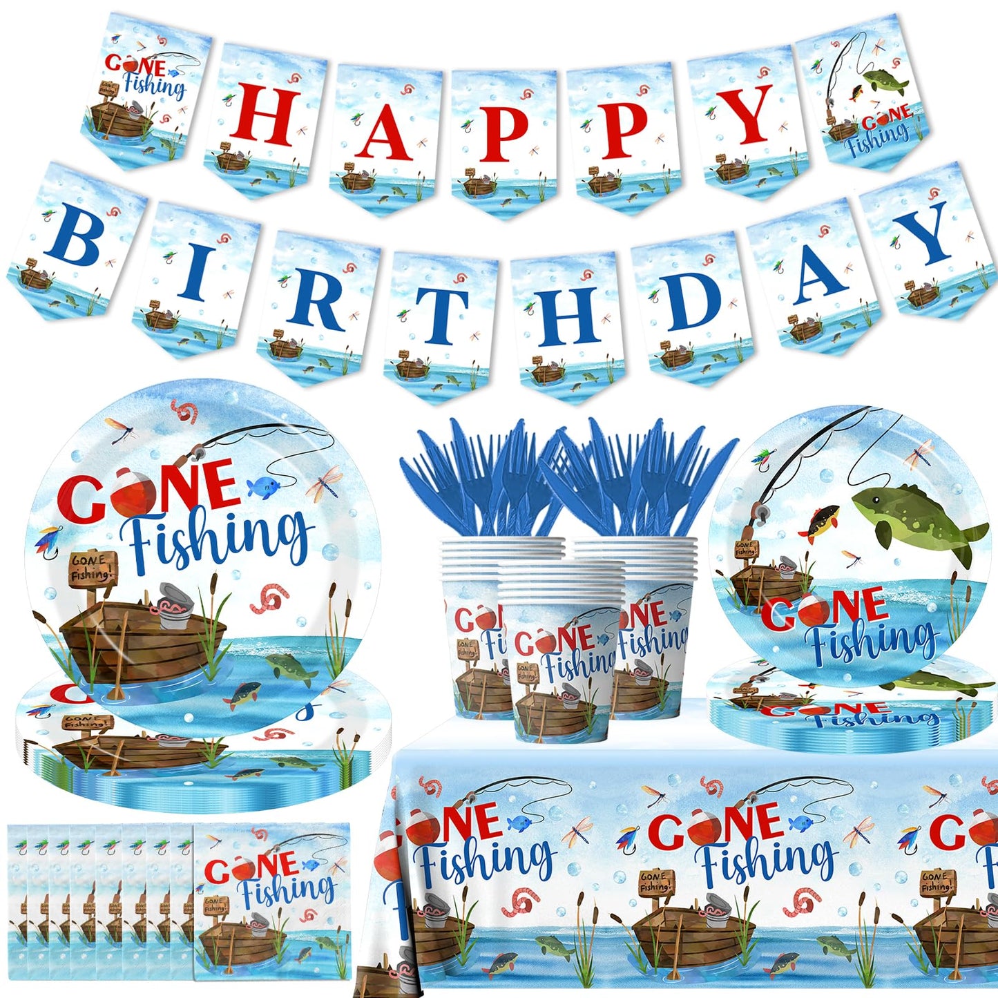 142 Pcs Gone Fishing Tableware,Fishing Birthday Party Decoration Little Fisherman Gone Fishing Themed Disposable Tablecloth,Plates,Napkins Cups Forks
