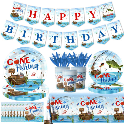 142 Pcs Gone Fishing Tableware,Fishing Birthday Party Decoration Little Fisherman Gone Fishing Themed Disposable Tablecloth,Plates,Napkins Cups Forks
