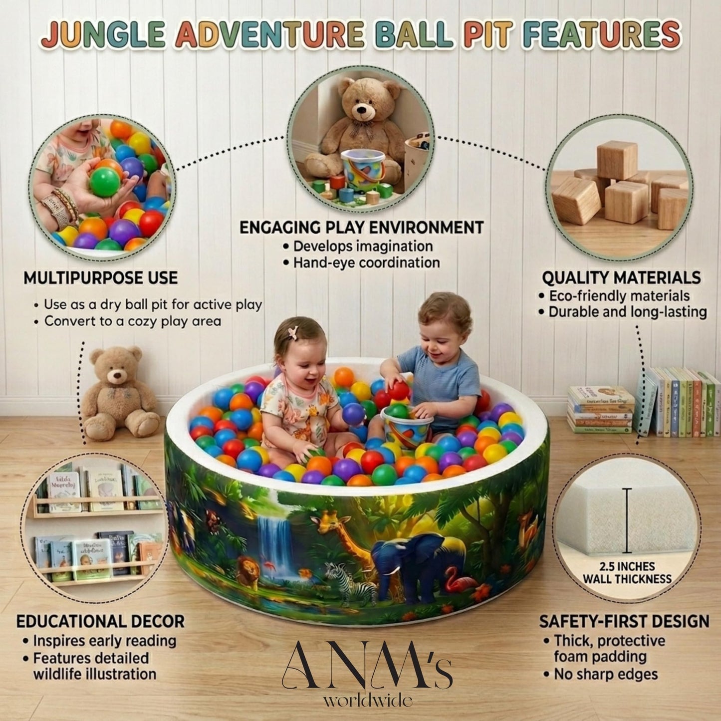 ANM’s Worldwide Foam Ball Pit for Toddlers - 90x30x5 cm Round Ball Pool, Soft Round Baby Playpen Ball Pool for Kids - Indoor Play Area for Babies