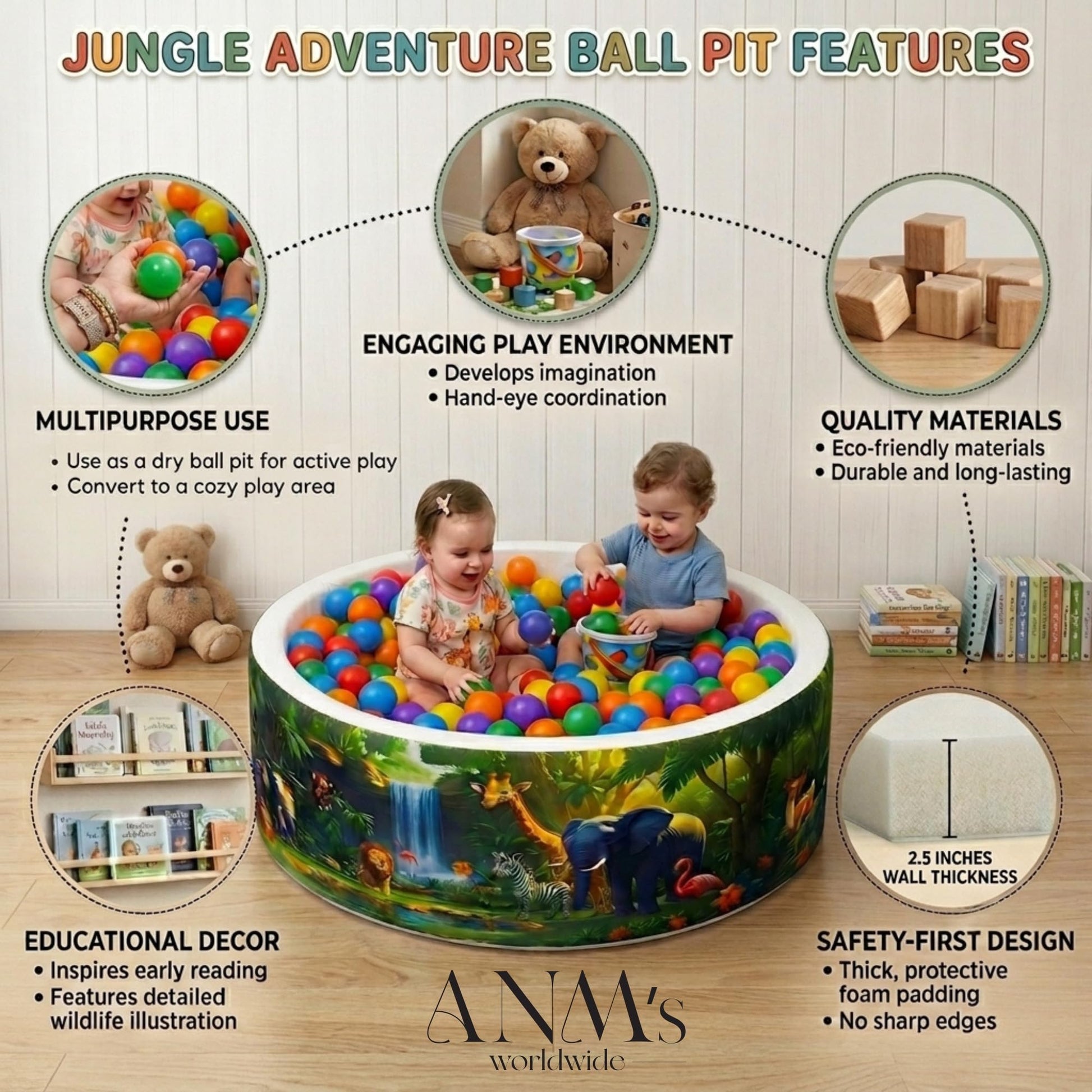 ANM’s Worldwide Foam Ball Pit for Toddlers - 90x30x5 cm Round Ball Pool, Soft Round Baby Playpen Ball Pool for Kids - Indoor Play Area for Babies