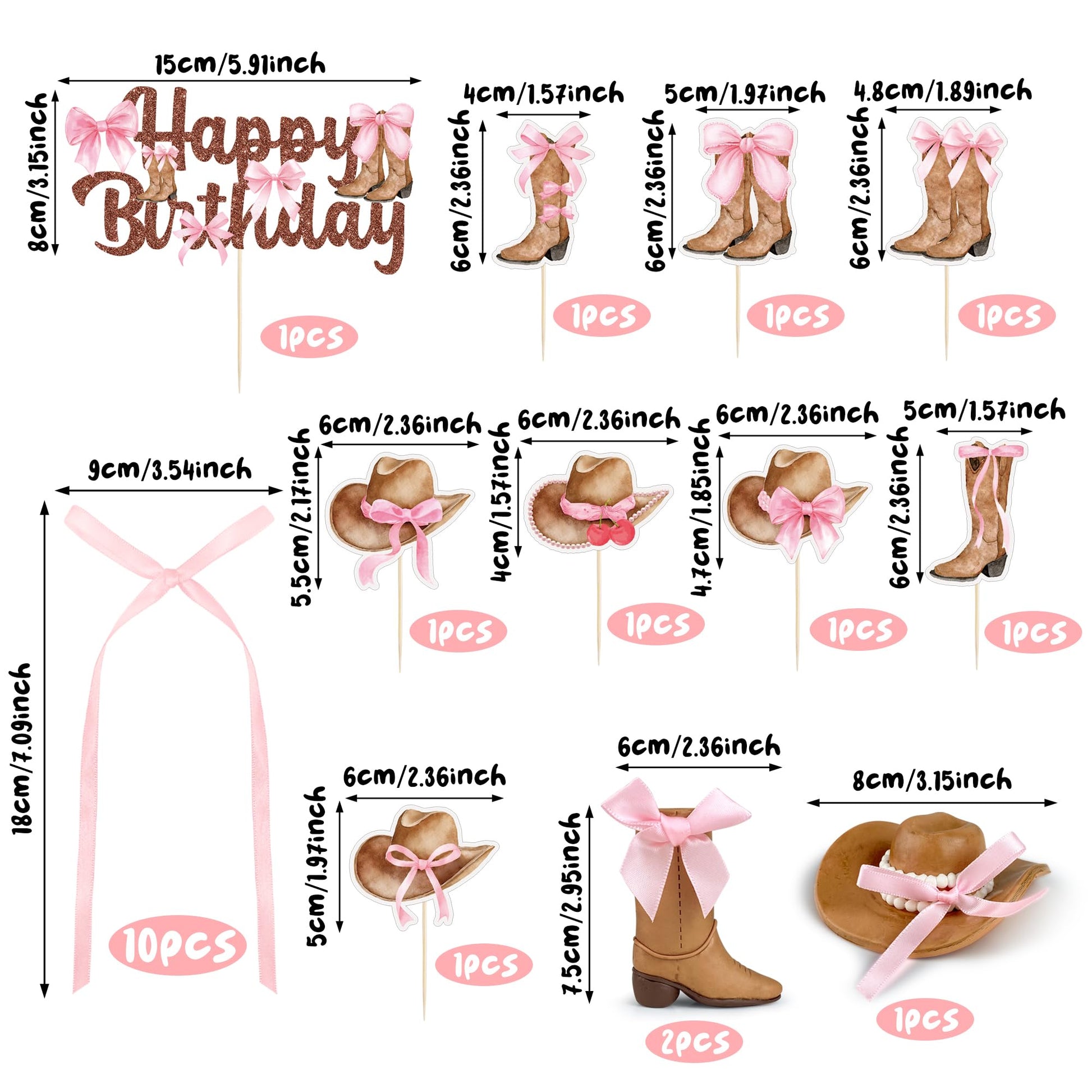26 PCS Cowgirl Bows Cake Decorations Hat and Boot Cake Toppers for Western Theme Birthday Baby Shower Cowgirl Party Supplies (Classic)