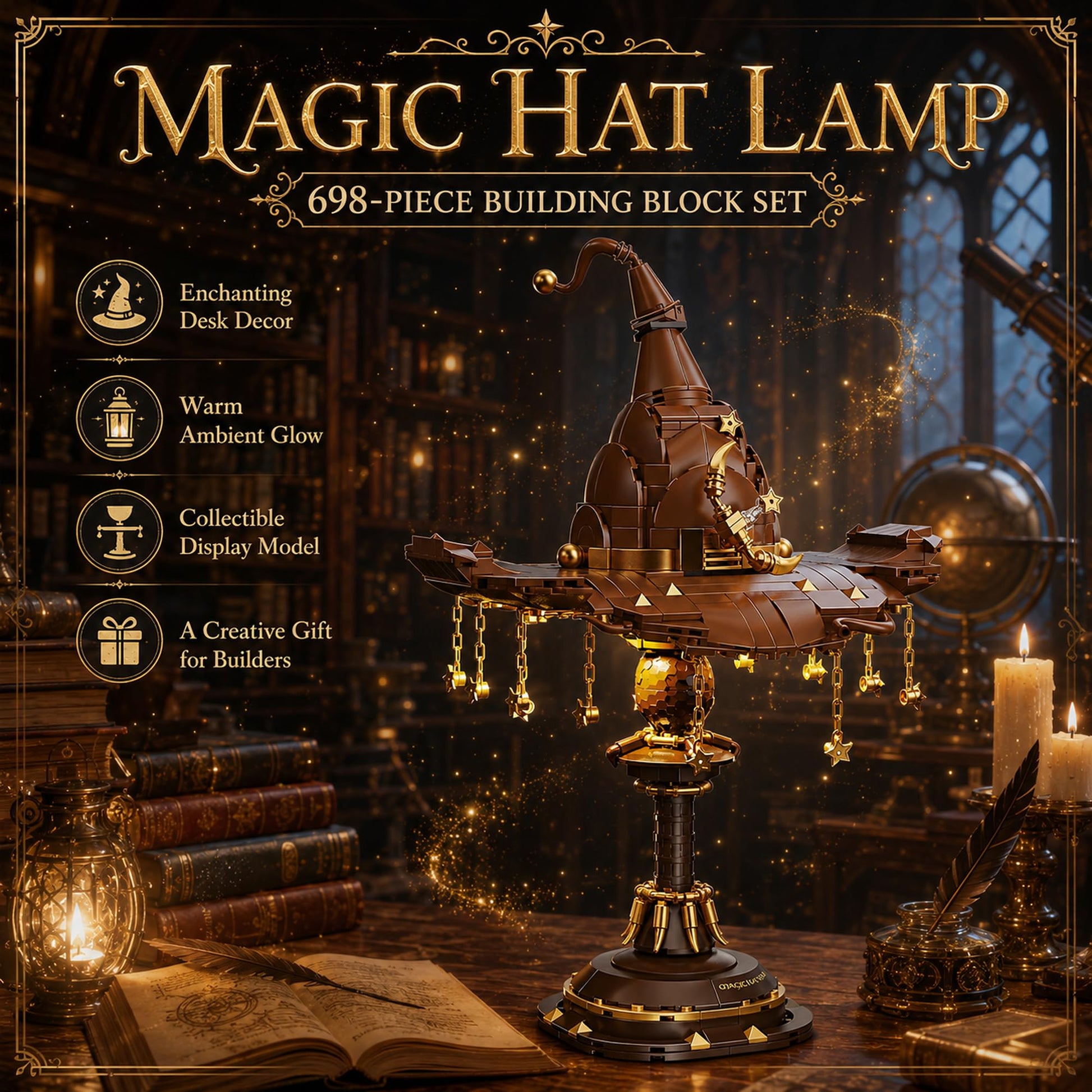 LQPFBSM Magic Hat Lamp Building Block Set 698 Pcs Fantasy Sorcerer Headgear Model Kit with Golden Stars & Display Stand Movie Prop Replica Decor
