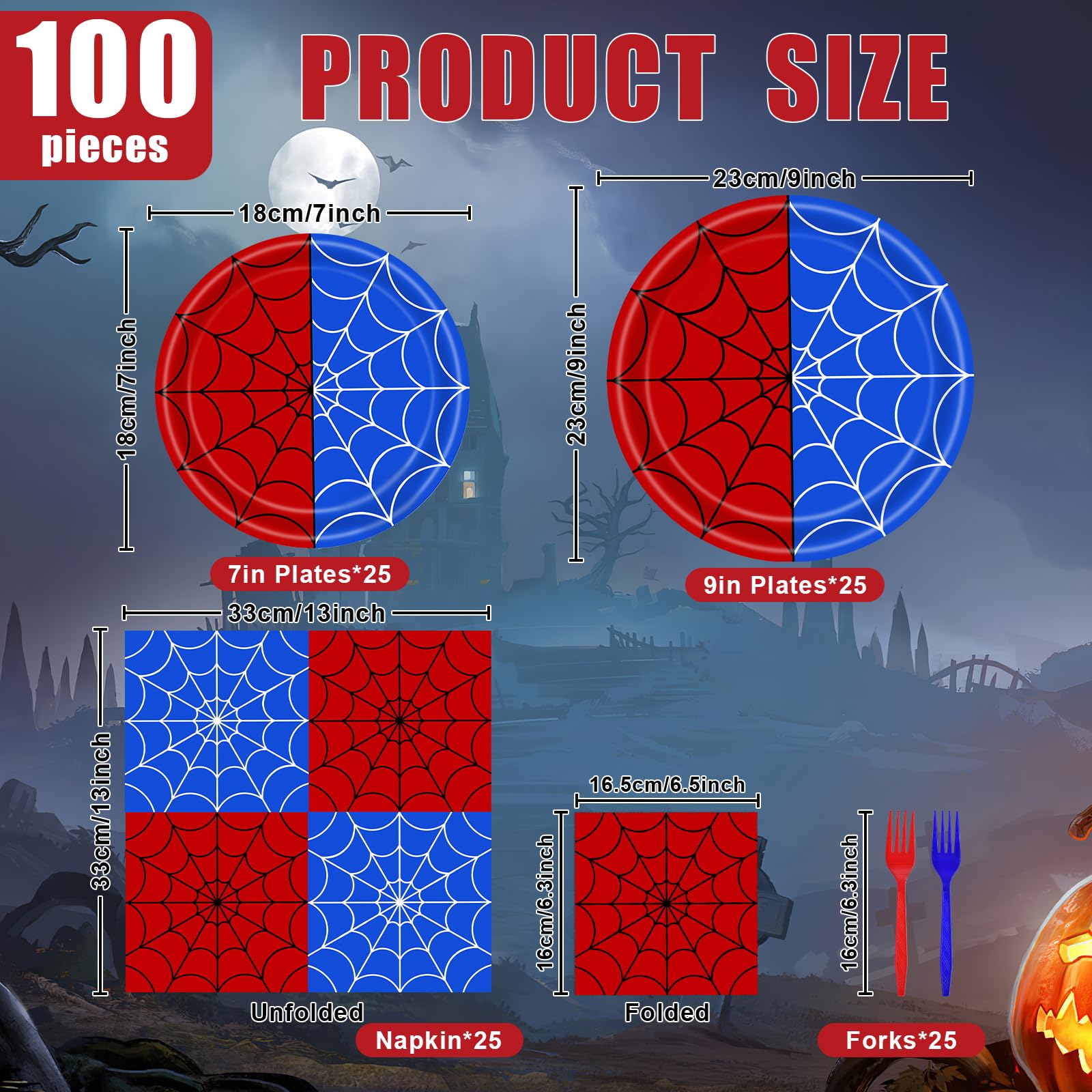 100 Pieces Halloween Spider Web Party Tableware Set - Red Blue Web Plates, Napkins and Forks, Disposable Dinnerware for Boys Birthday and Halloween