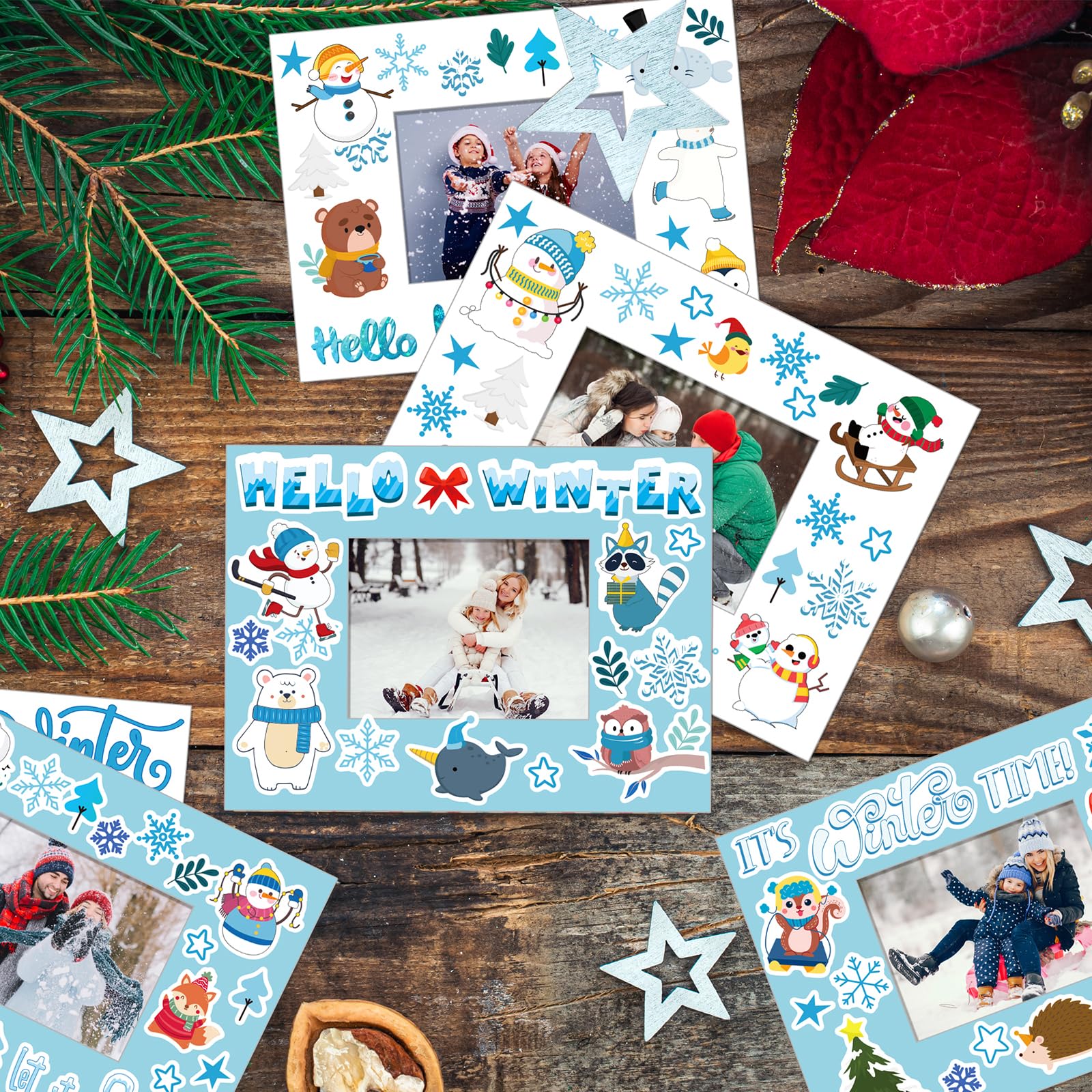 Hayux DIY Craft Kits for Kids - 24 Packs DIY Winter Wonderland Photo Frames Set with Stickers Paper Picture Frames Funny Winter Gifts Craft
