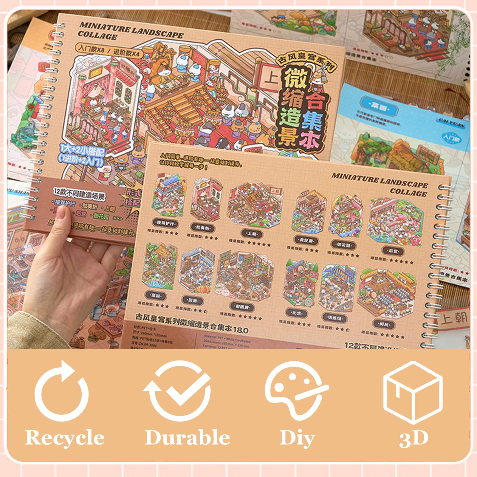SZXYCZL 12 PCS Cute Oversize Miniature 3D DIY Sticker Scene, Scenery Stick Book Make Own Mini House Sticker Therapy Relief Pass The Time Gift for Teen