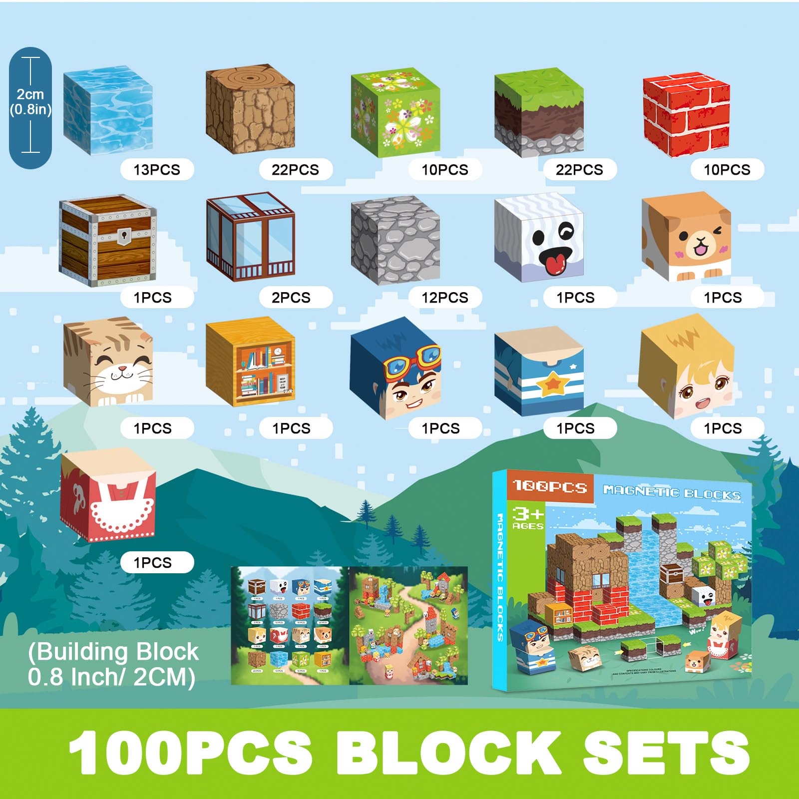 Crifeton Magnetic Blocks 100 PCS Magnetic Building Blocks, 3+ STEM Montessori Sensory Toys, Magnetic Cube for for 3 4 5 6 7 8 9 10 11 12 8-12 Years