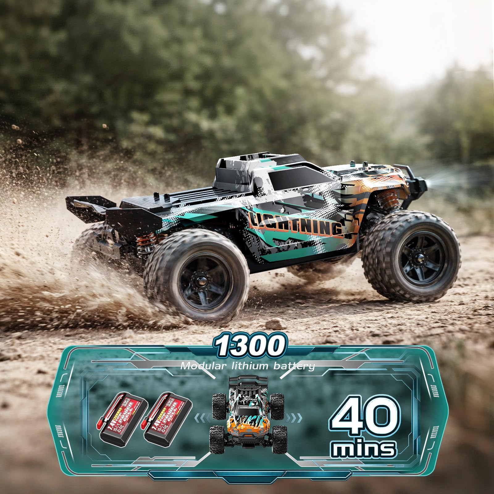 RC Cars 1:18 4WD High Speed Off-Road RC Truck 40 KM/H, Remote Control Car with Waterproof ESC, 2 Rechargeable 7.4V 1300mAh Batteries, Dual Body