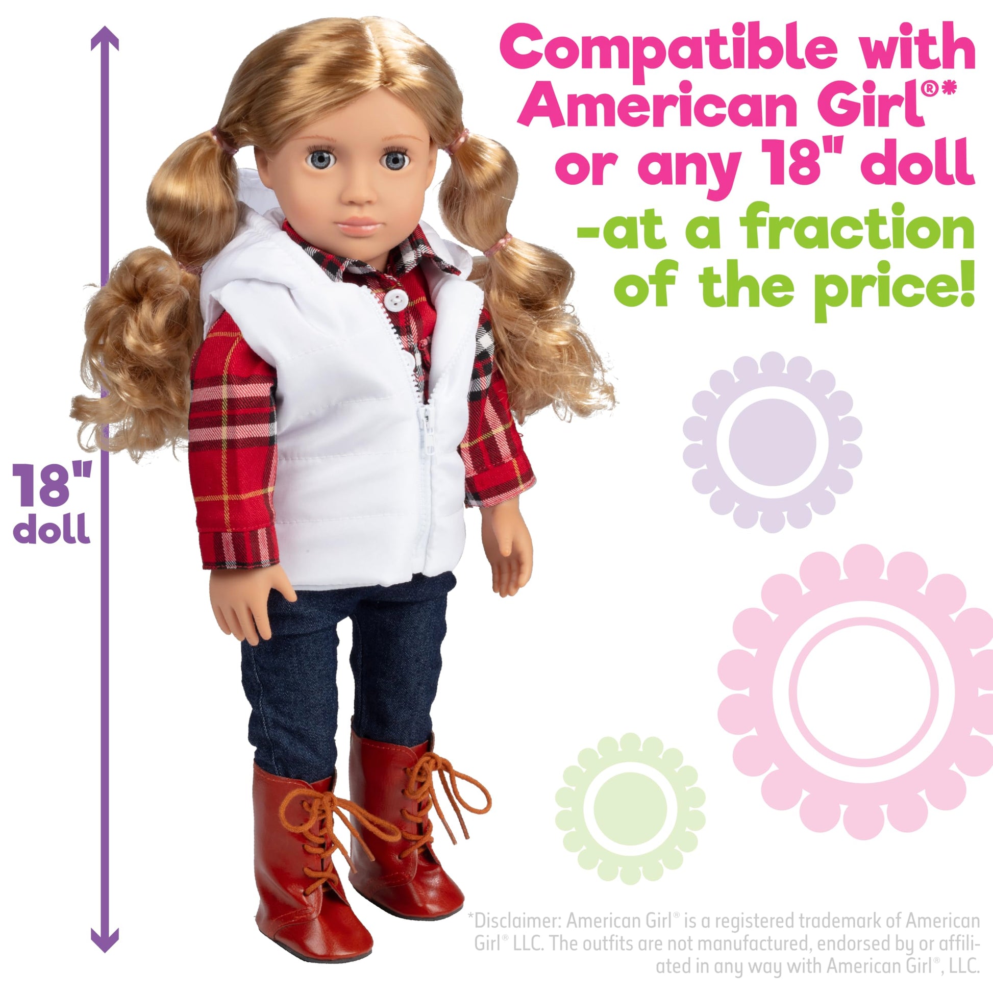 Fall & Winter Hiking Outfit for 18-Inch Dolls - 4-Piece Adventure Set Includes Puffy Vest, Long Sleeve Flannel Shirt, Leggings, and Hiking Boots