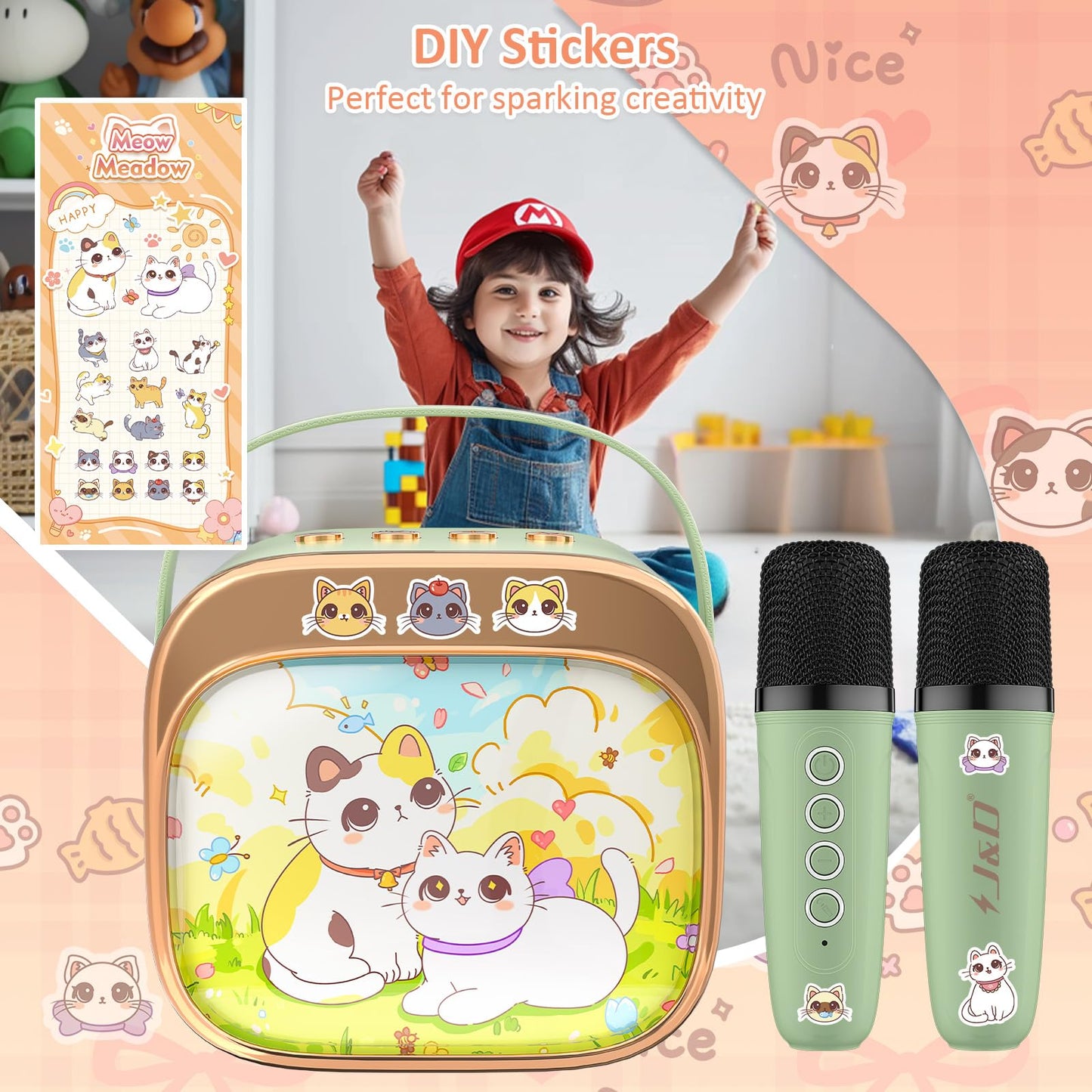 J&D Mini Karaoke Machine for Kids Adults, Portable Bluetooth Speaker with 2 Wireless Mics and Cat Sticker for Girls Boys Age 3-10 Birthday Gifts