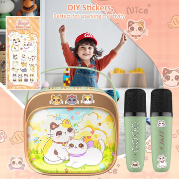 J&D Mini Karaoke Machine for Kids Adults, Portable Bluetooth Speaker with 2 Wireless Mics and Cat Sticker for Girls Boys Age 3-10 Birthday Gifts