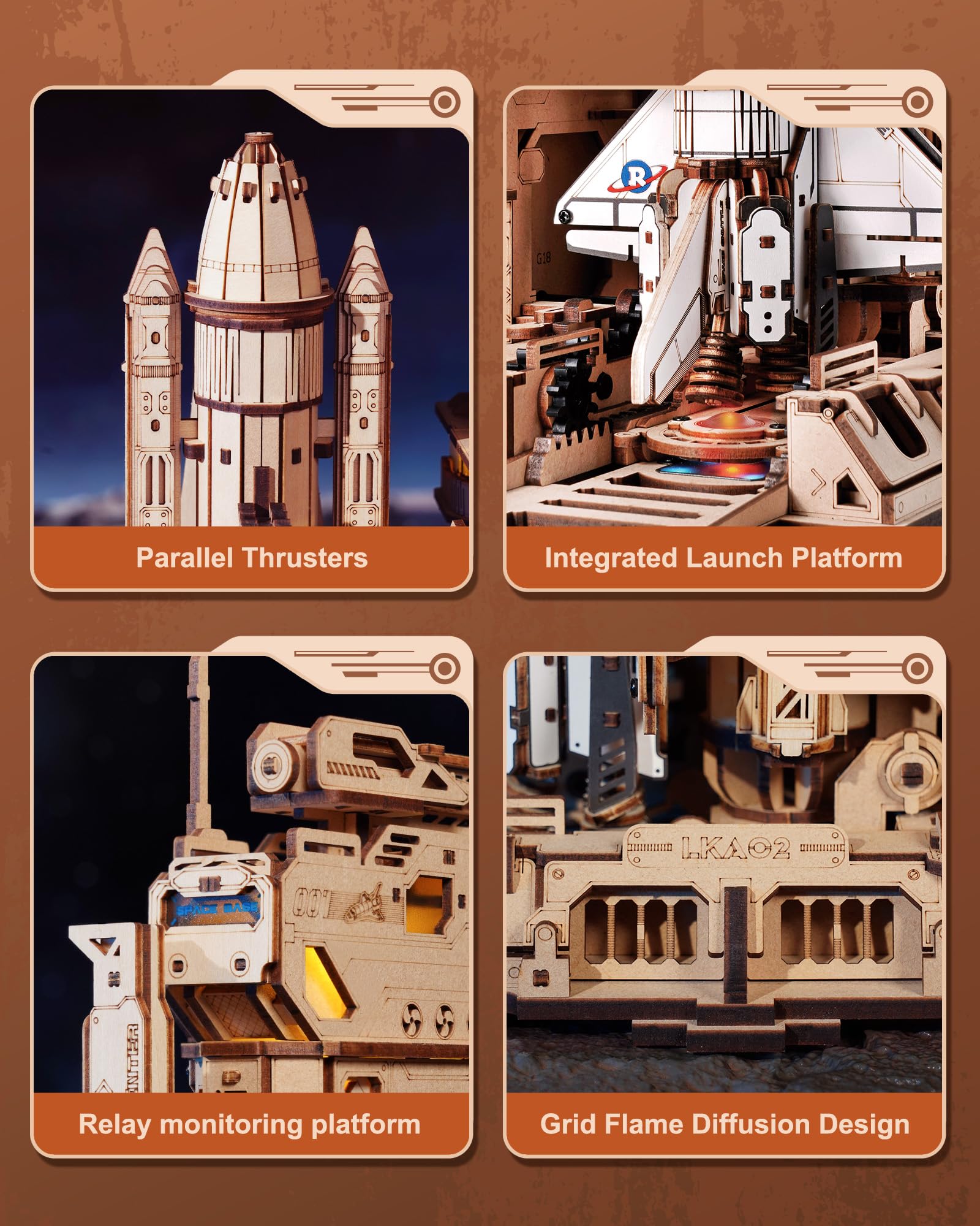 ROBOTIME 3D Space Shuttle Wooden Puzzle for Adults, Dynamic Rocket Launch Model Building Kits with Lights, AS Home Desktop Decoration for Men Gifts