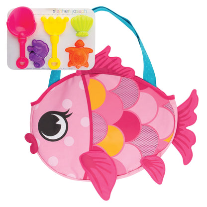 Stephen Joseph Travel Friendly 6 Piece Beach Play Set, Bag with Sand Toys for Toddlers and Kids, Pink Fish