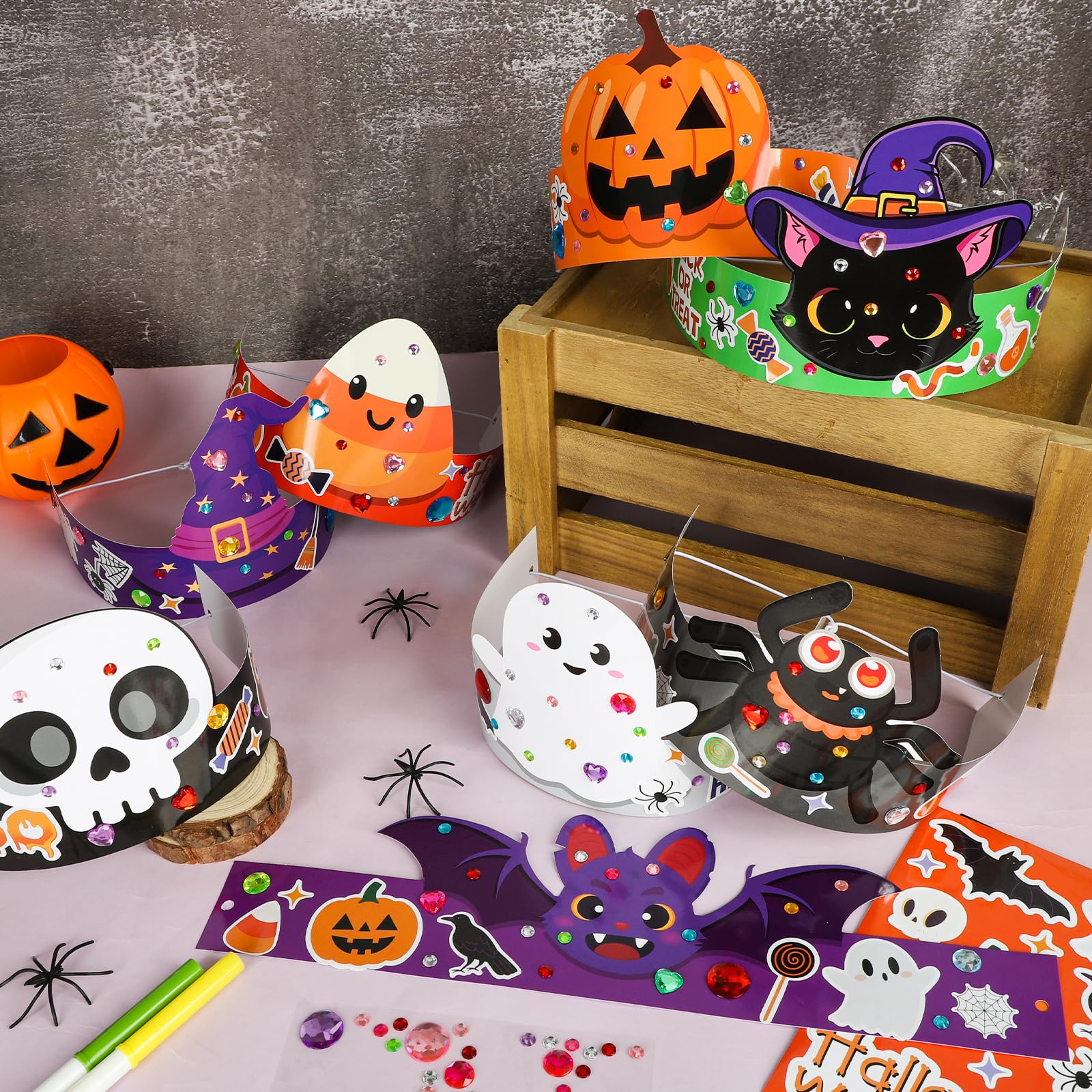 Sealmic 24 Set Halloween Crown Headband Paper Adjustable Hats with Elastic Bands with Themed Stickers Activities Party Favors Pumpkin Ghost Bat