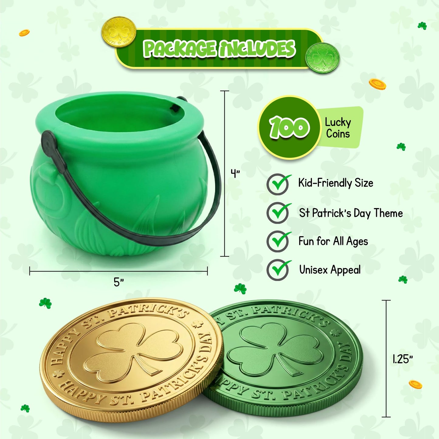 4E's Novelty 5 Inch St Patricks Day Pot of Gold Decorations with 100 Lucky Coins - Green Pot of Gold Cauldron Plastic Bucket for Leprechaun