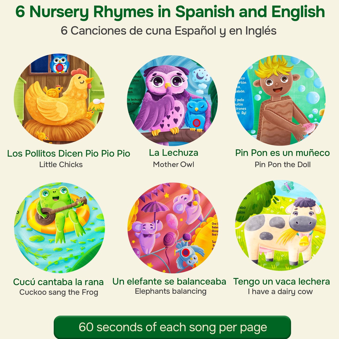 Bilingual Spanish Books for Toddlers 1-3, Six (6) Nursery Rhymes in Spanish & English | Interactive Baby Sound Book | Educational Learning Toys |