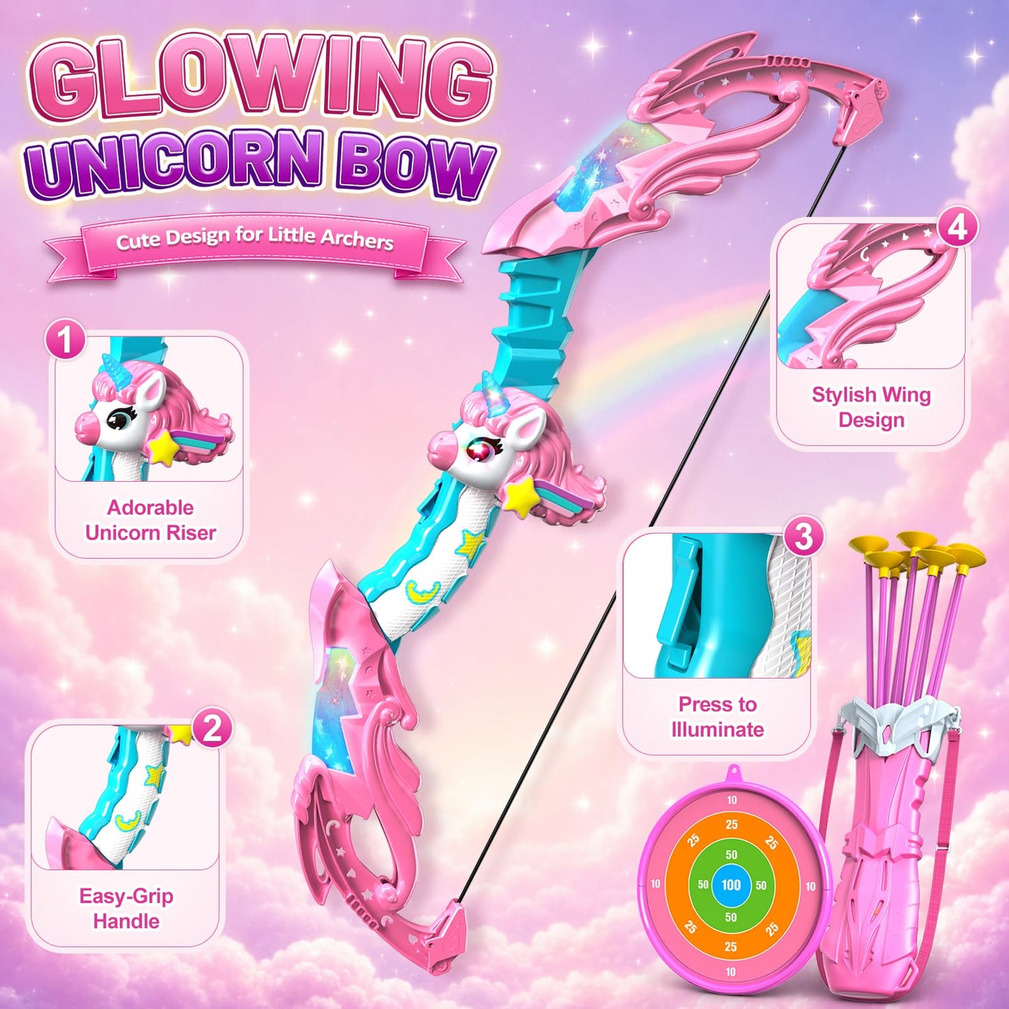 Innofans Unicorn Toys for Girls Age 4-6, Bow and Arrow Set LED Light Up with 10 Pink Suction Cup Arrows, Target & Quivers, Christmas Birthday Gift