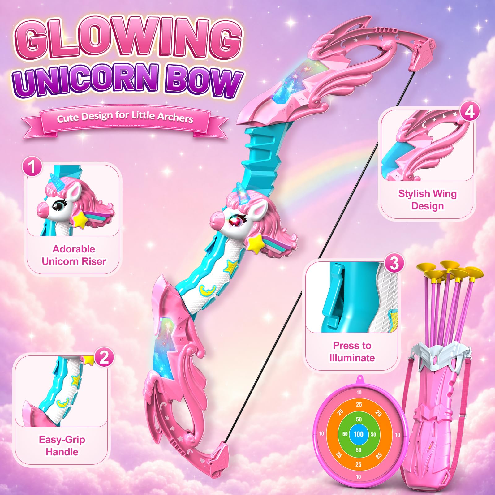 Innofans Unicorn Toys for Girls Age 4-6, Bow and Arrow Set LED Light Up with 10 Pink Suction Cup Arrows, Target & Quivers, Christmas Birthday Gift