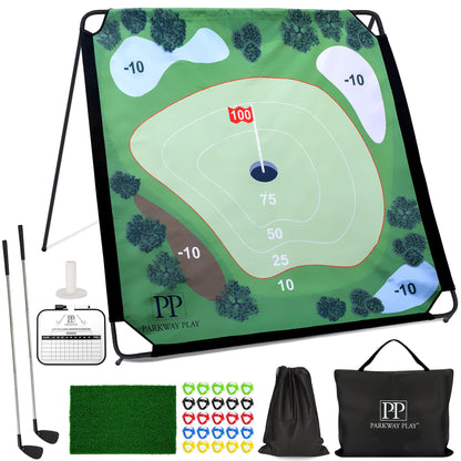 Parkway Play Sticky Golf Chipping Game Set 6x6 ft Metal Frame, Backyard Target Game, 2 Clubs, 25 Sticky Balls, Turf Mat, Indoor Outdoor Yard Sport