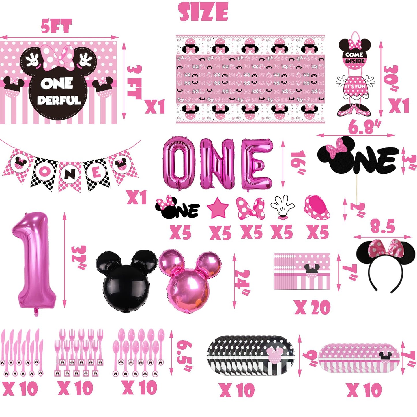 185 Pcs Pink 1st Birthday Party Decorations, Girls Onederful Balloons Arch Garland Kit, Pink Cartoon Onederful Backdrop, TableCloth, Tableware