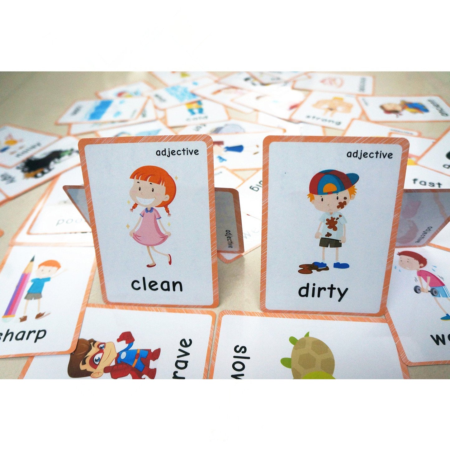 SANTSUN 46 Antonyms Preschool Picture Adjective flashcards Teaching aid Card-The Flash Hole-Punched So You Can Sort and Organize The Cards Easily