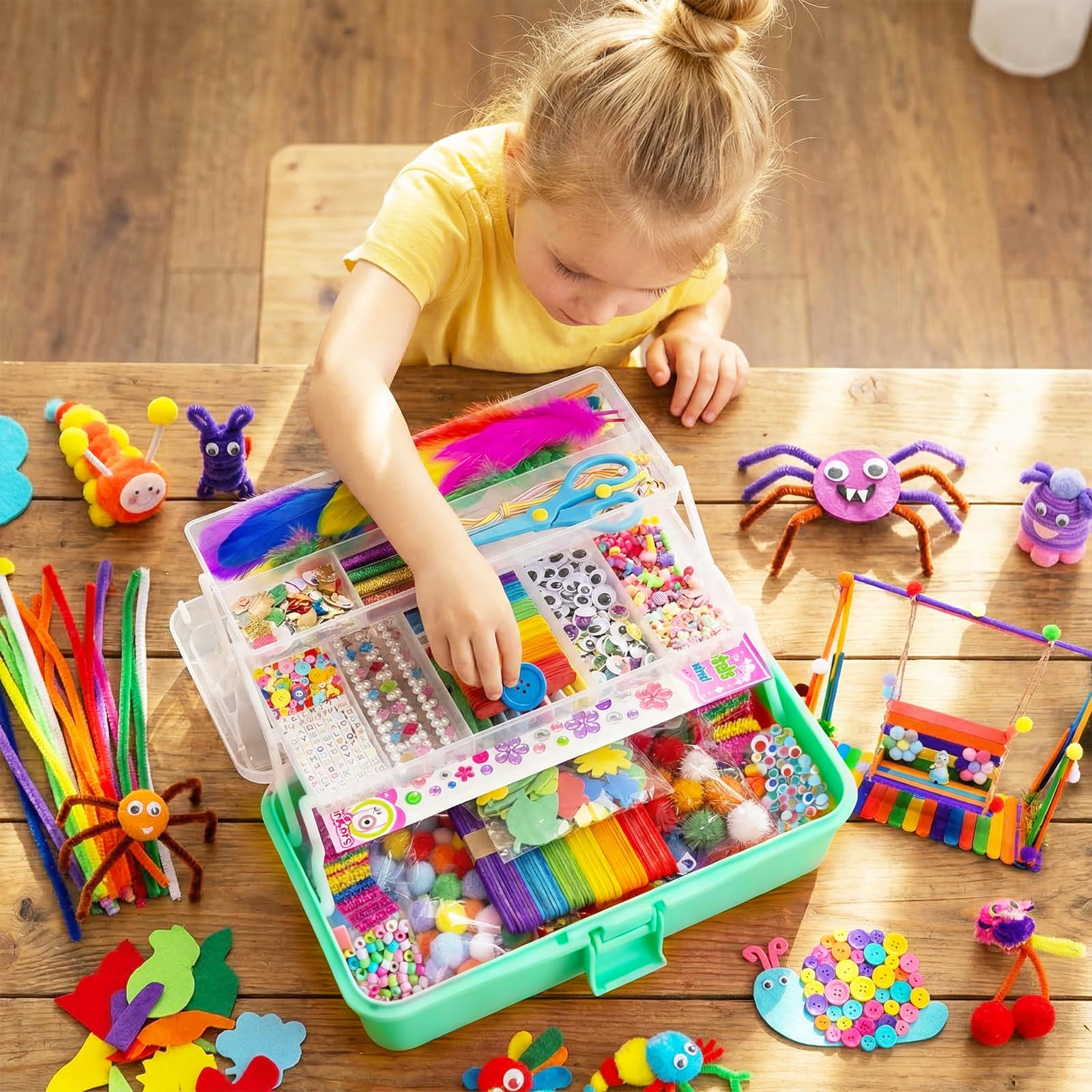 Bobbie Art Arts & Crafts Box - 3000+ pcs Deluxe Craft Supplies Box Green - Art Crafting Kit Birthday Gifts for Kids, School Supply for Ages 4-12