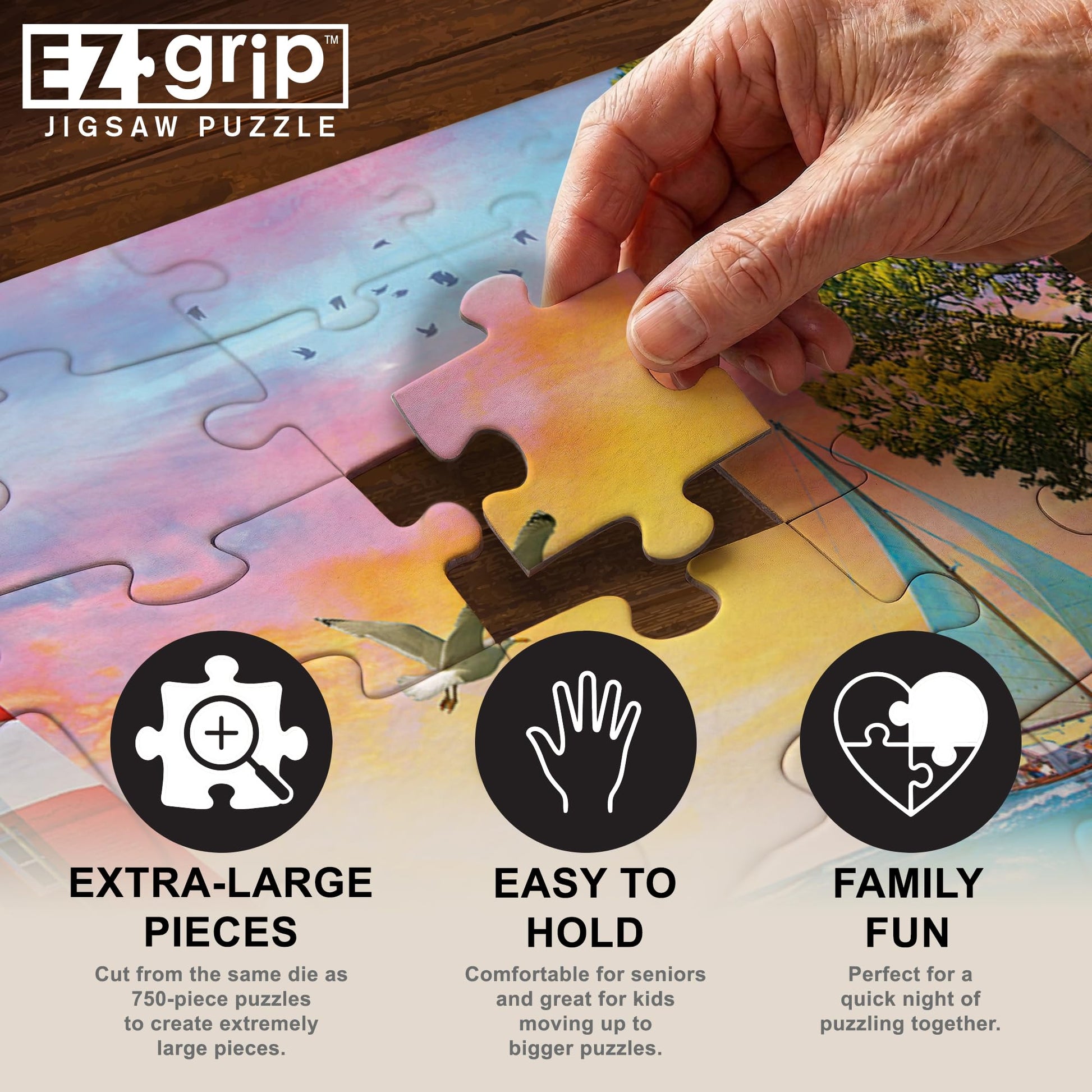 MasterPieces - 300 Piece Jigsaw Puzzle, Large EZ Grip Shapes, Oceanside Camping, Fun for Adults, Seniors, Family, Kids, Non-Glare Finish, 18"x24"