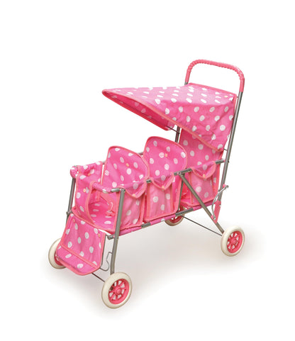 Badger Basket Triple Doll Stroller for Dolls - Lightweight and Foldable Toy Pram with Canopy - Fun Pretend Play for Kids in Stylish Pink with Polka