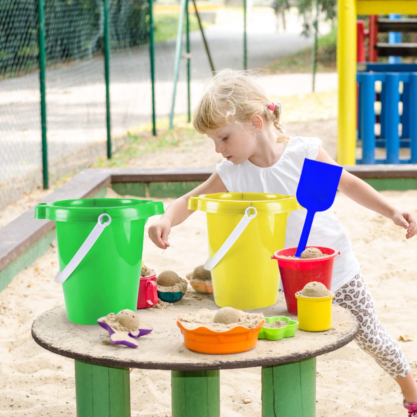 4E's Novelty 6 Pack 7.5" Beach Buckets and Shovels for Kids Bulk - Strong Large Sand Bucket for Toddler Beach Toys for Kids 3-10, Sandbox Toys