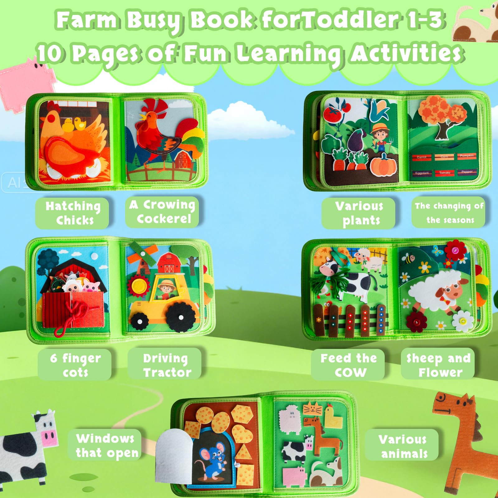 Kkogleam Busy Book for Toddlers 1-3, Montessori Toys for 1 2 Year Old Boy Girl Birthday Gifts, Farm Animal Busy Board Educational Learning Quiet