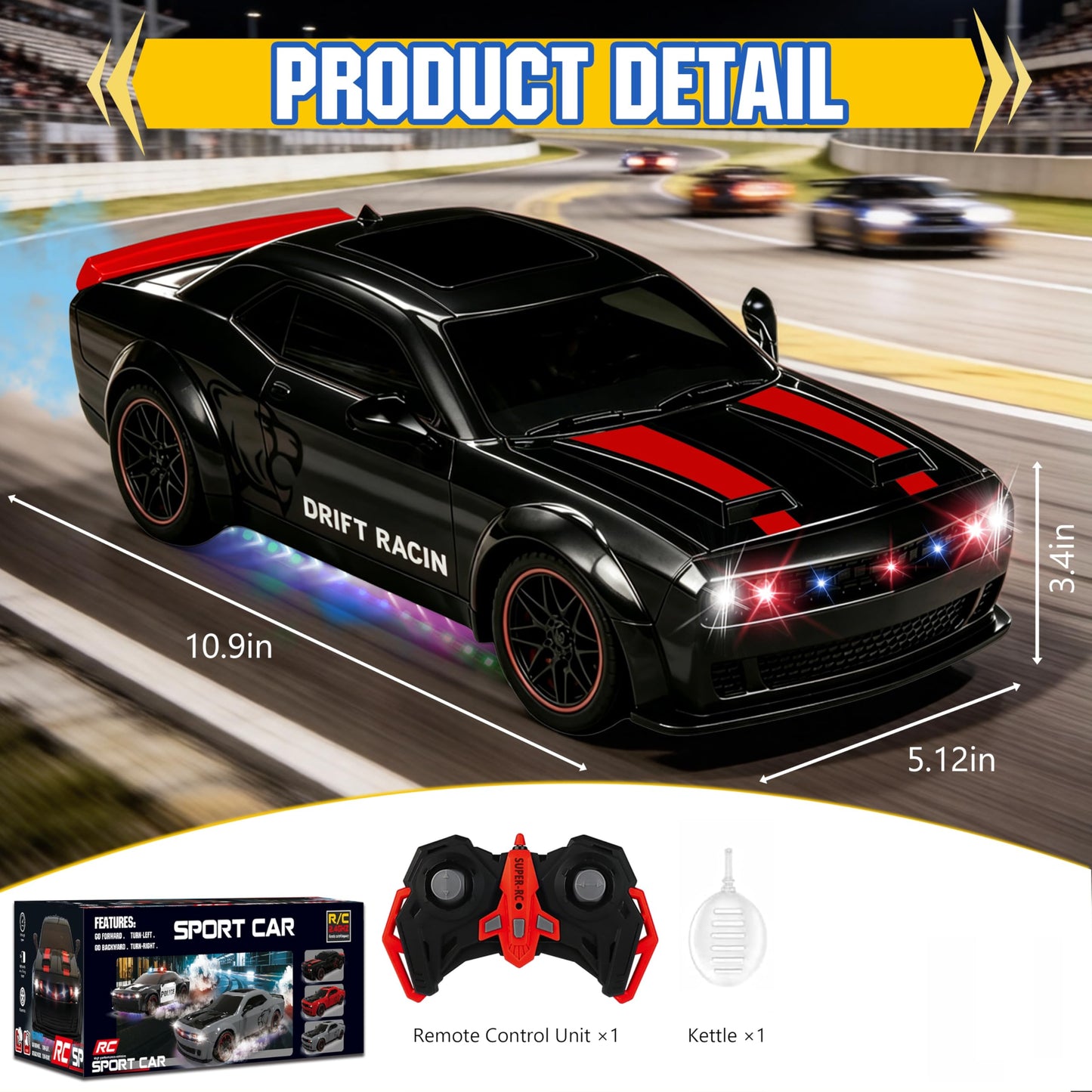 SYUUKH Remote Control Car 1:14 Scale RC Cars with Spray Effect, LED Lights & Realistic Sound, 2.4GHz Racing Toy with Controller, Christmas Birthday