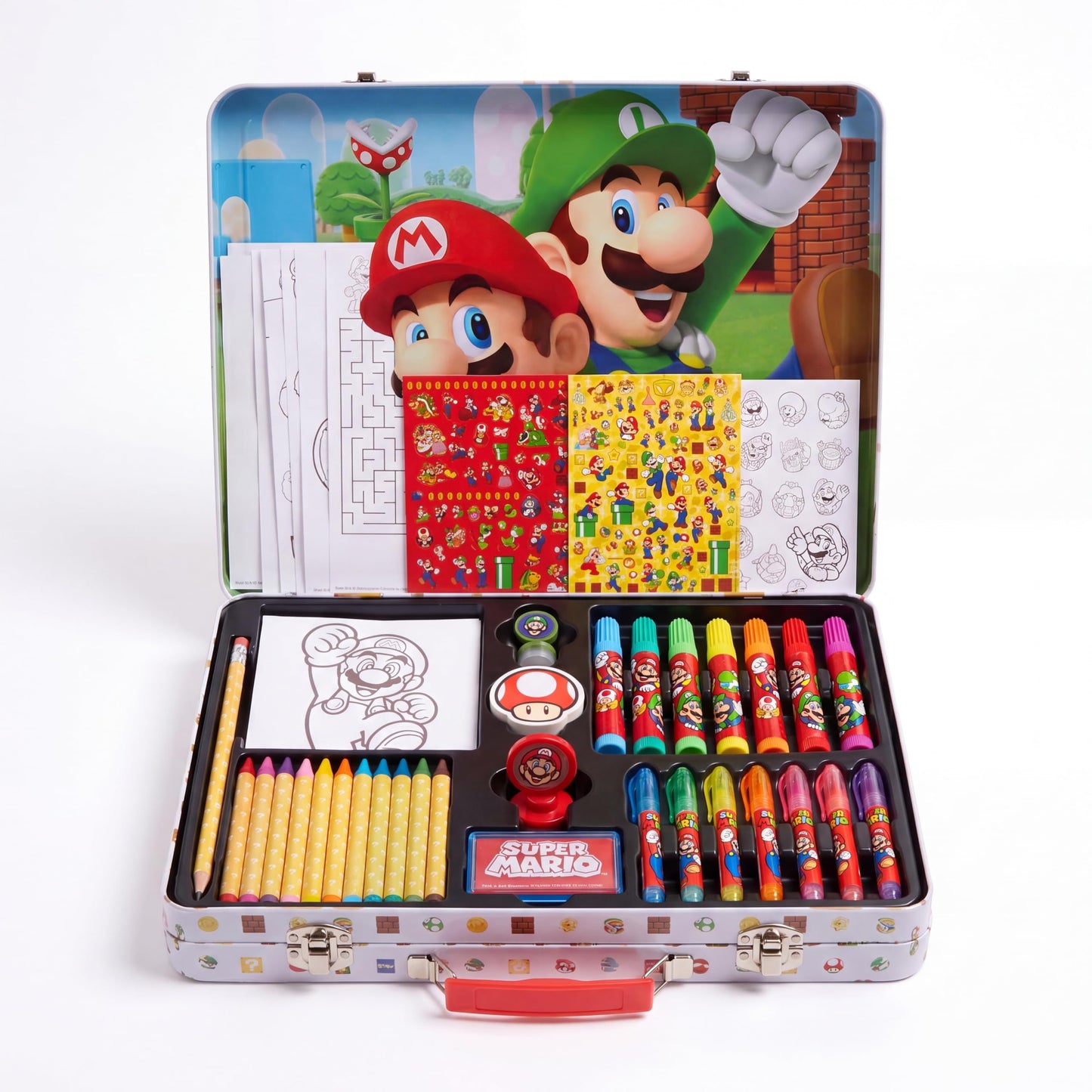 Innovative Designs Mario Brothers Super Mario Deluxe Activity Set with Carrying Tin, Coloring Sheets, Tattoos, Stickers, & Art Supplies