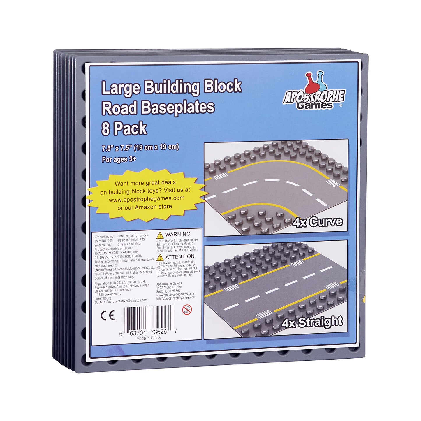 Apostrophe Games Building Block Road Base Plates Compatible with Large Bricks - 8Pcs Straight and Curved Road Construction Blocks - 7.5 x 7.5 Inch