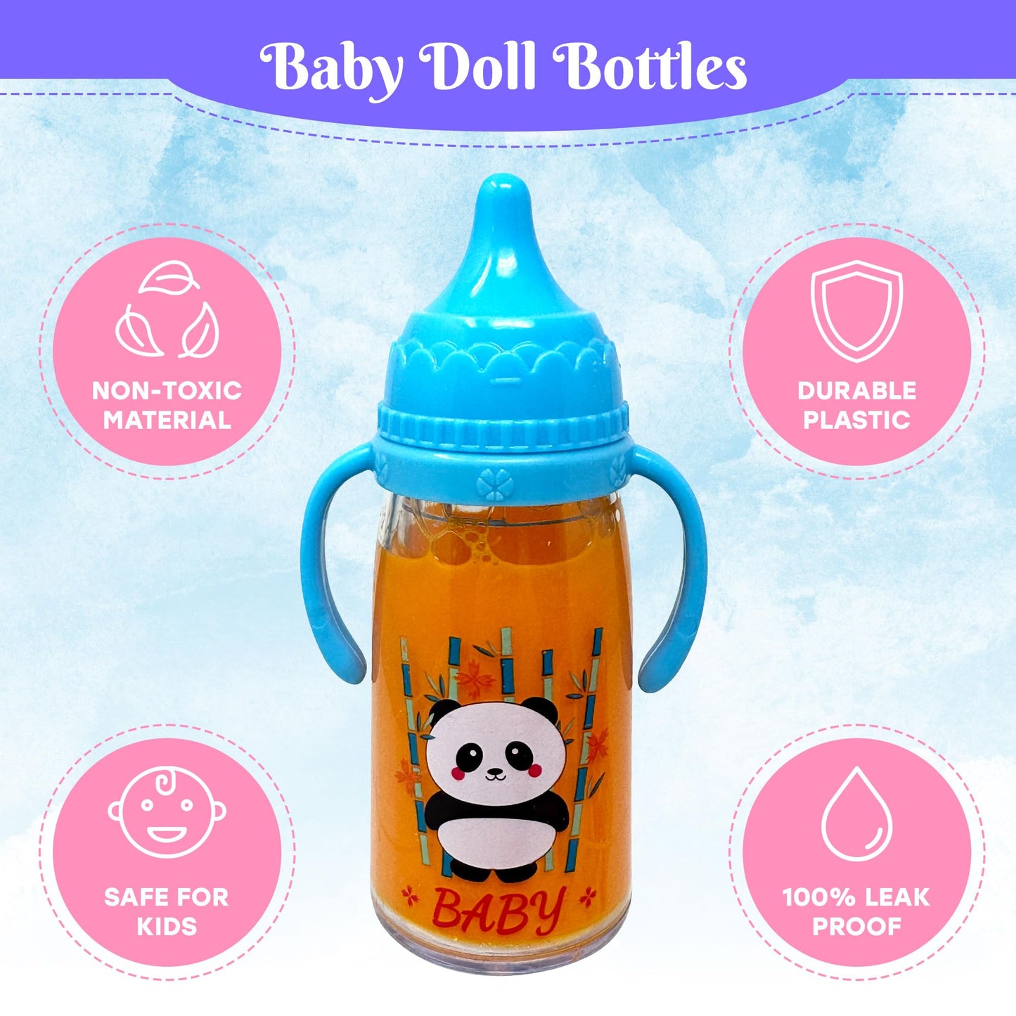 Baby Doll Bottles with Magic Disappearing Milk & Juice Playset, 6pc Pretend Baby Doll Accessories Set 4 Doll Feeding Toy Bottles and 2 Pacifiers