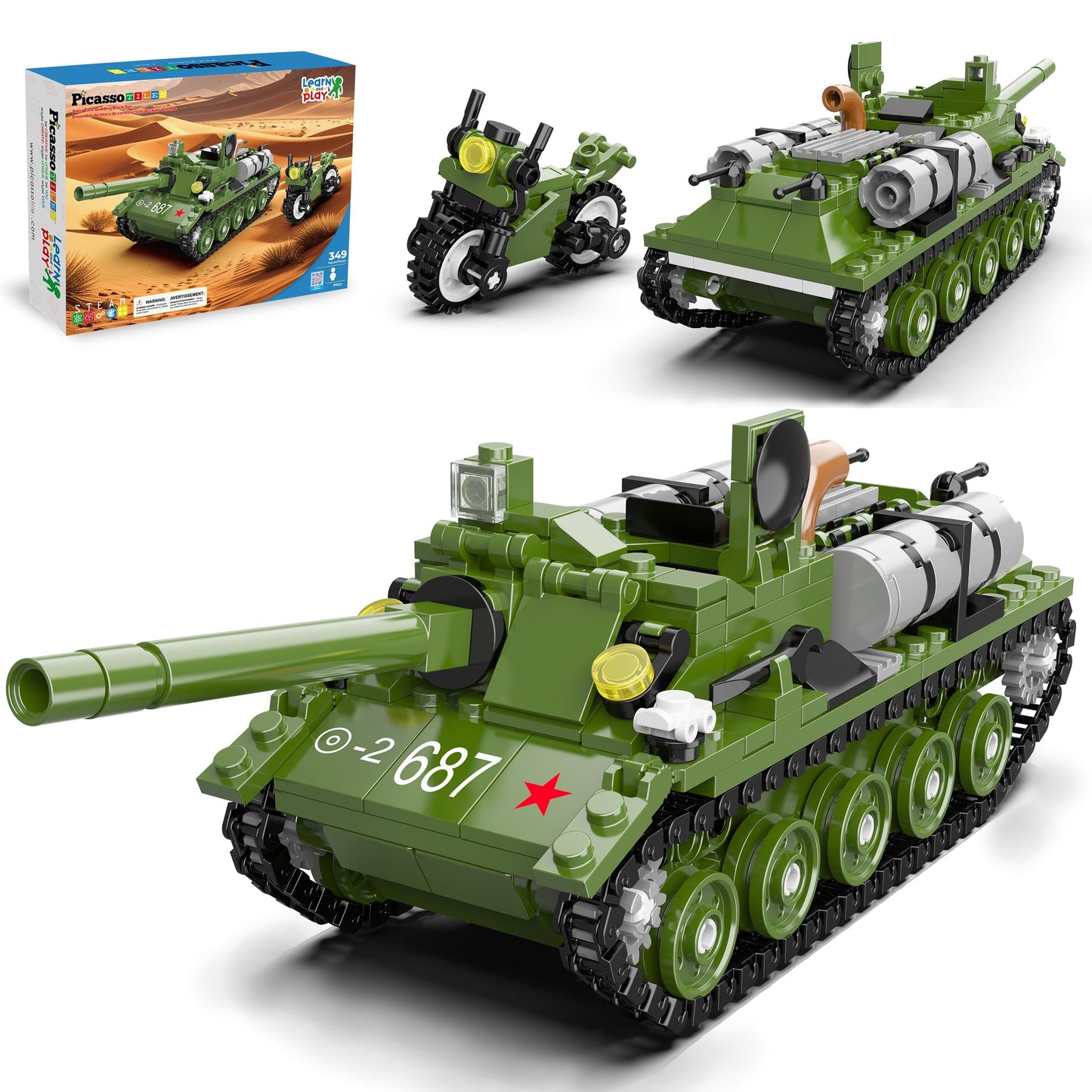 PicassoTiles Army Tank And Military Motorcycle 349pc Bricks Blocks Building Set STEM Learning Tactical Vehicle Toy Compatible With Major Interlocking