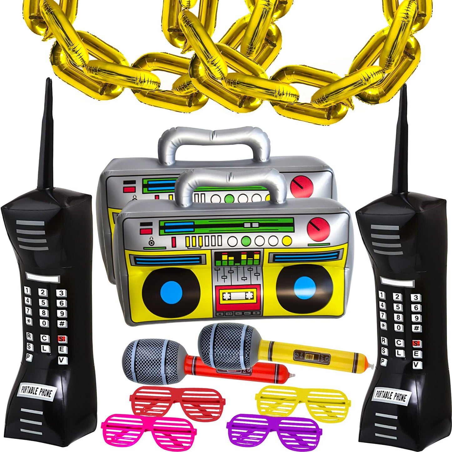 Cagemoga 20 Packs Inflatable Radio Boombox Inflatable Mobile Phone Inflatable Microphone 16 Inch Gold Foil Chain Balloons for 80s 90s Rappers Hip Hop