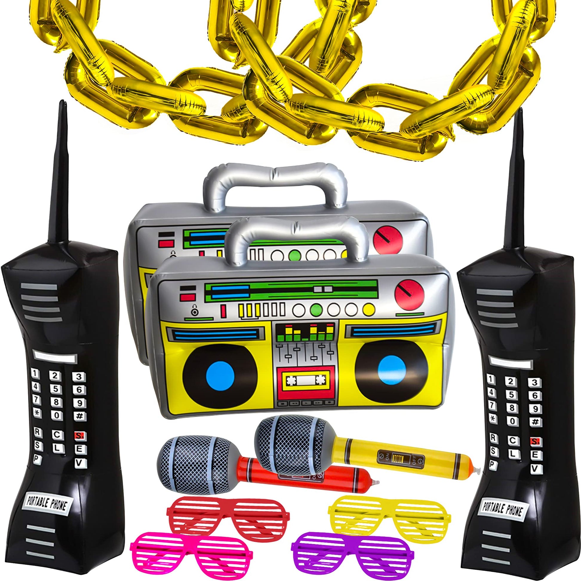 Cagemoga 20 Packs Inflatable Radio Boombox Inflatable Mobile Phone Inflatable Microphone 16 Inch Gold Foil Chain Balloons for 80s 90s Rappers Hip Hop