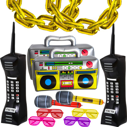 Cagemoga 20 Packs Inflatable Radio Boombox Inflatable Mobile Phone Inflatable Microphone 16 Inch Gold Foil Chain Balloons for 80s 90s Rappers Hip Hop