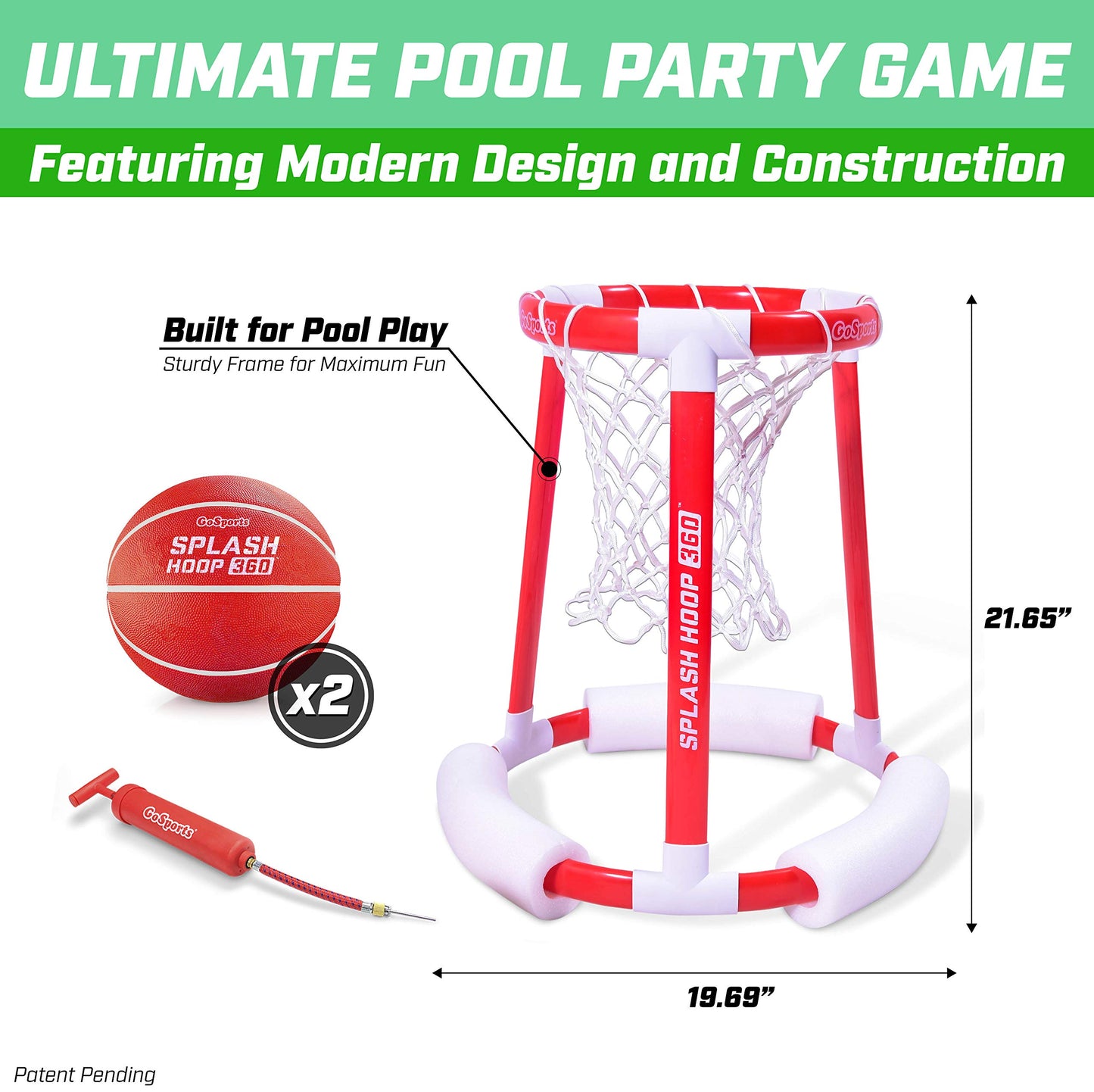 GoSports Splash Hoop 360 Floating Pool Basketball Game - Includes Hoop, 2 Balls and Pump - Red