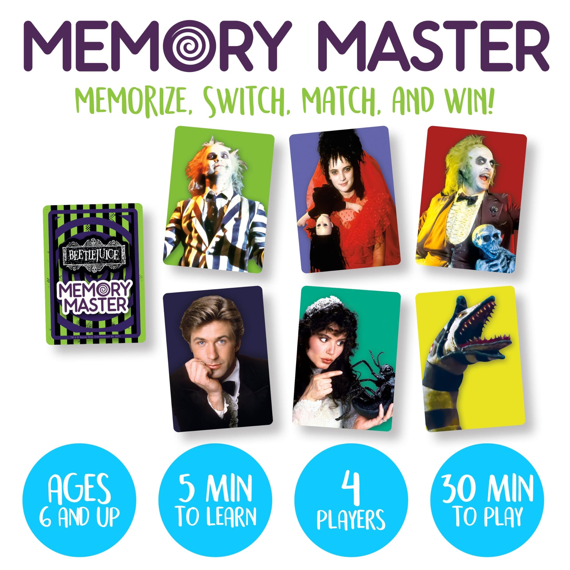 AQUARIUS Beetlejuice Memory Master Card Game, 108 Card Matching Game for 4 Players, Ages 6+, Family Party Gift for Kids, Teens, and Adults