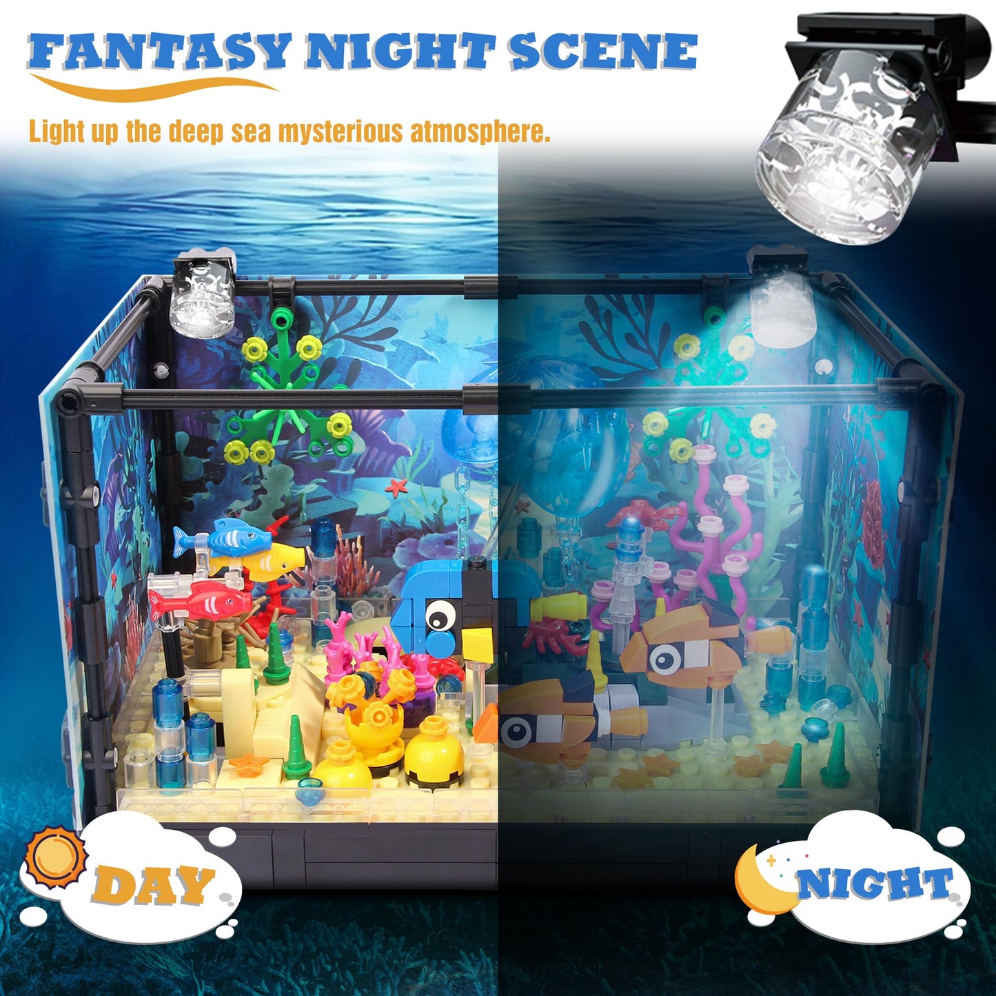 Jorumo Fish Tank Building Block, Lighting Aquarium Building Sets for Adults and Kids Including Ocean Jellyfish, Dolphin, Turtle, Crab, Animal Building