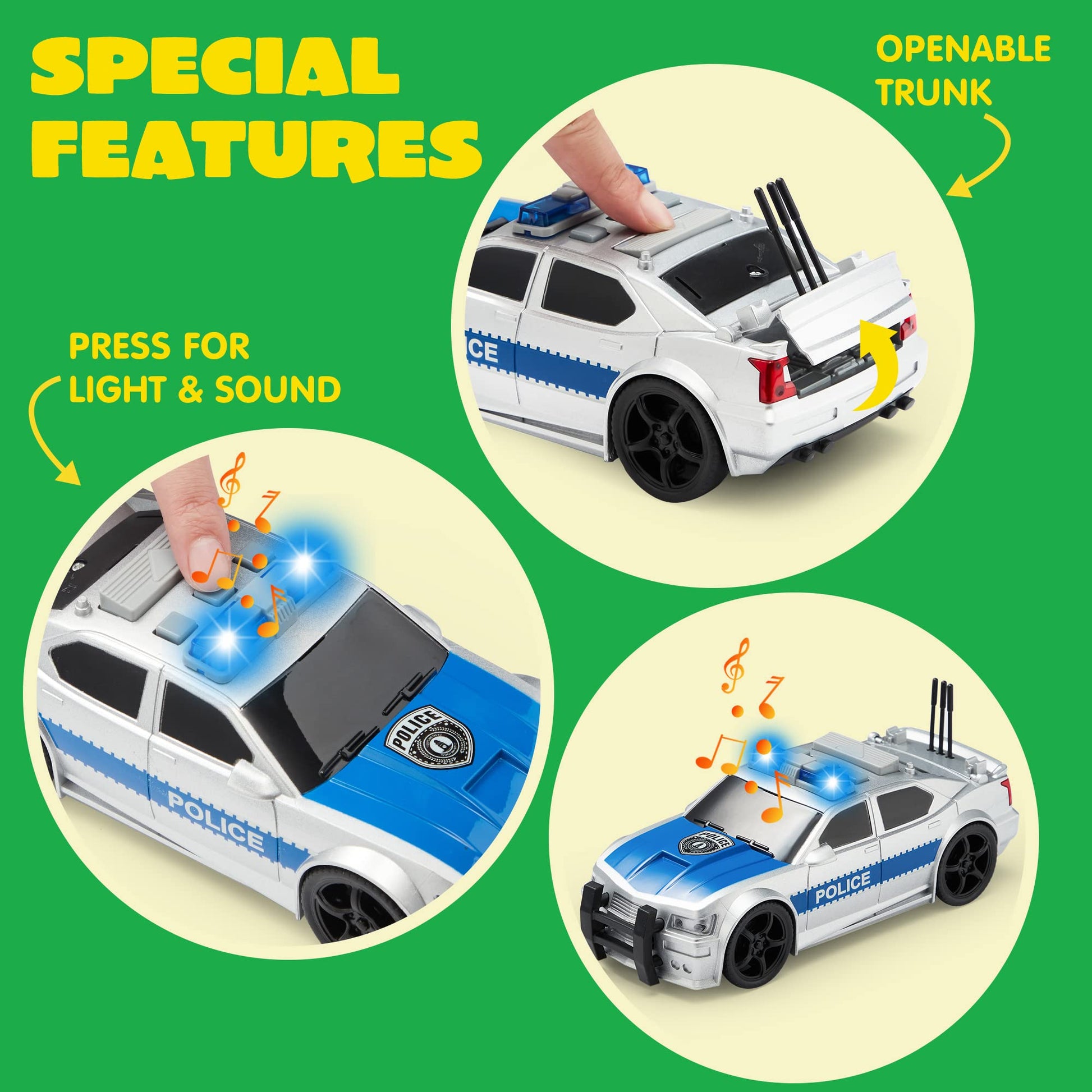 JOYIN 4 Pcs 7" Long Vehicle Toy Set, Toddlers Cars with Lights and Siren Sound, Including Play Police Car, School Bus, Garbage Truck, Ambulance