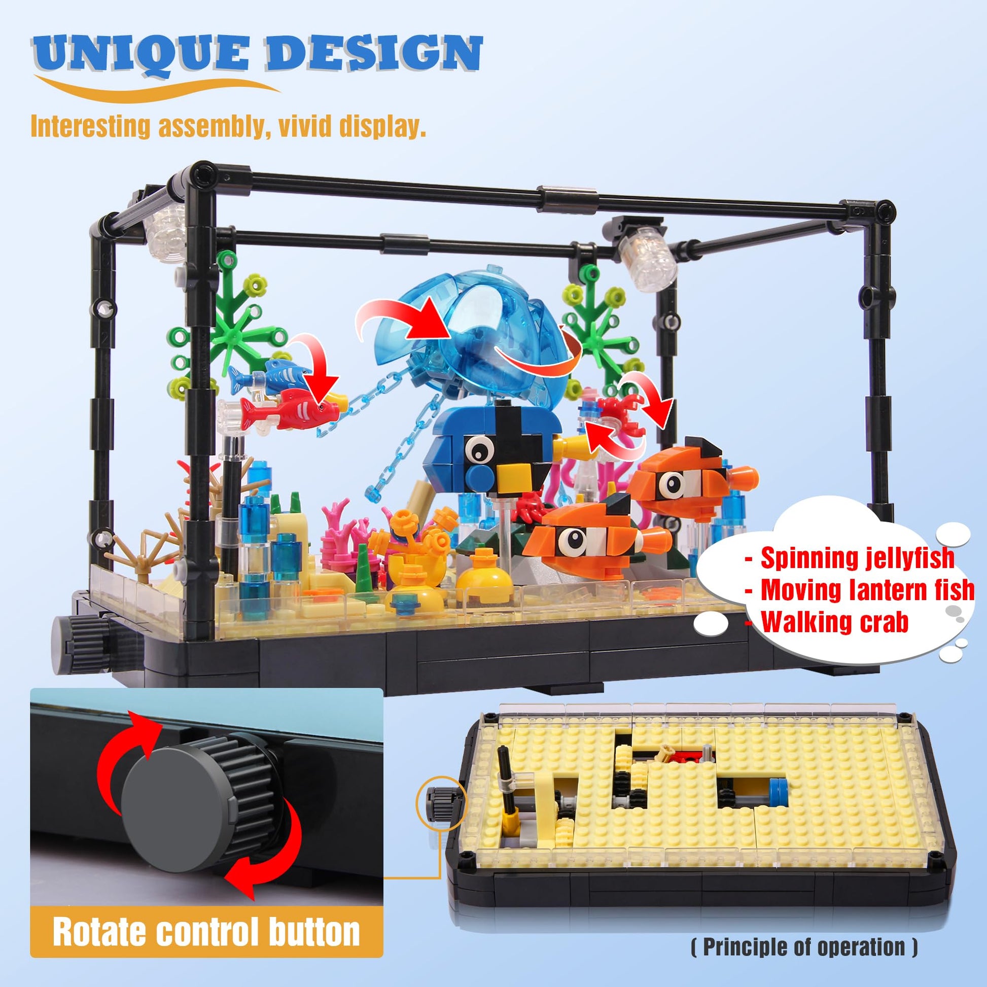 Jorumo Fish Tank Building Block, Lighting Aquarium Building Sets for Adults and Kids Including Ocean Jellyfish, Dolphin, Turtle, Crab, Animal Building