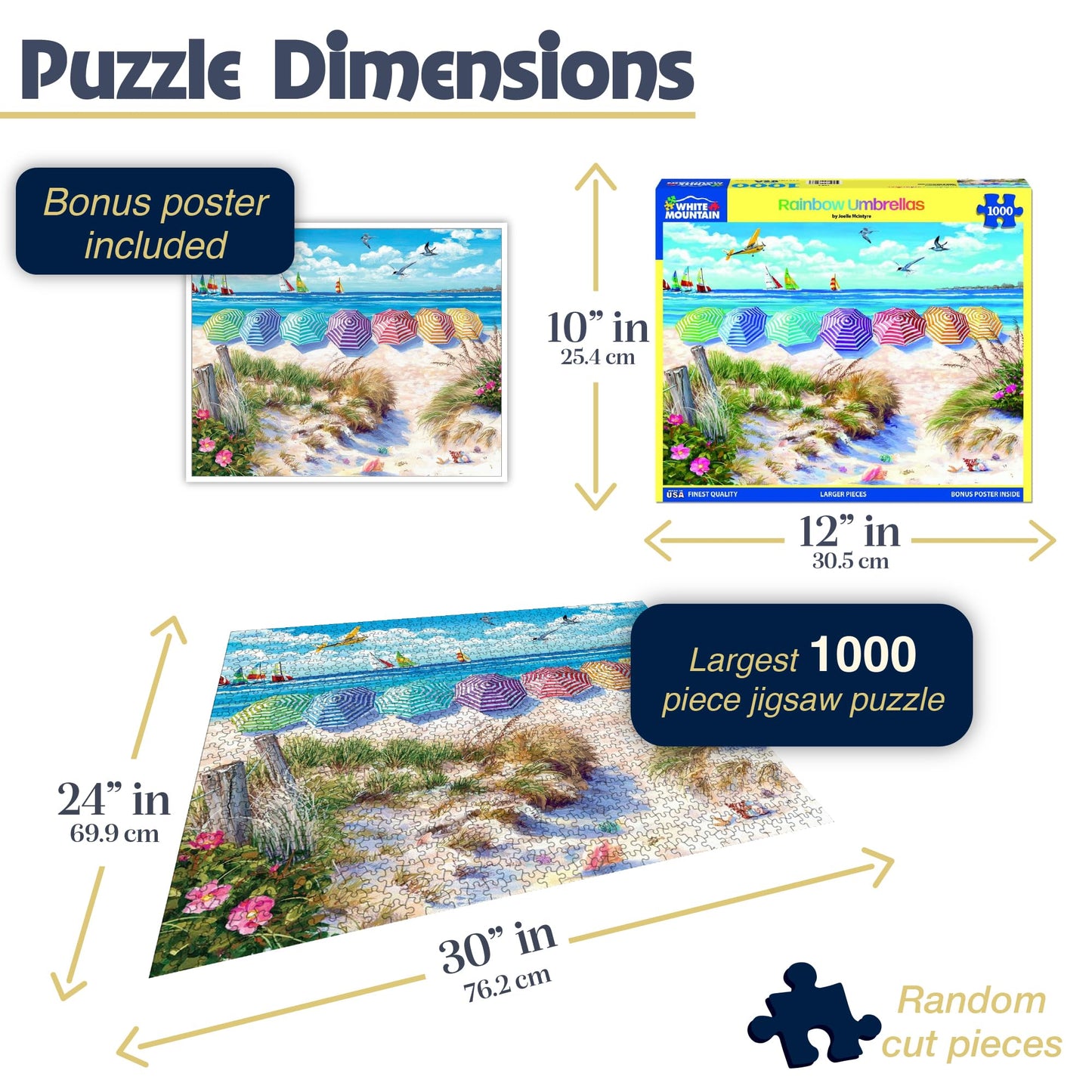 White Mountain 1000 Piece Jigsaw Puzzle Fun Summer Beach, Rainbow Umbrellas
