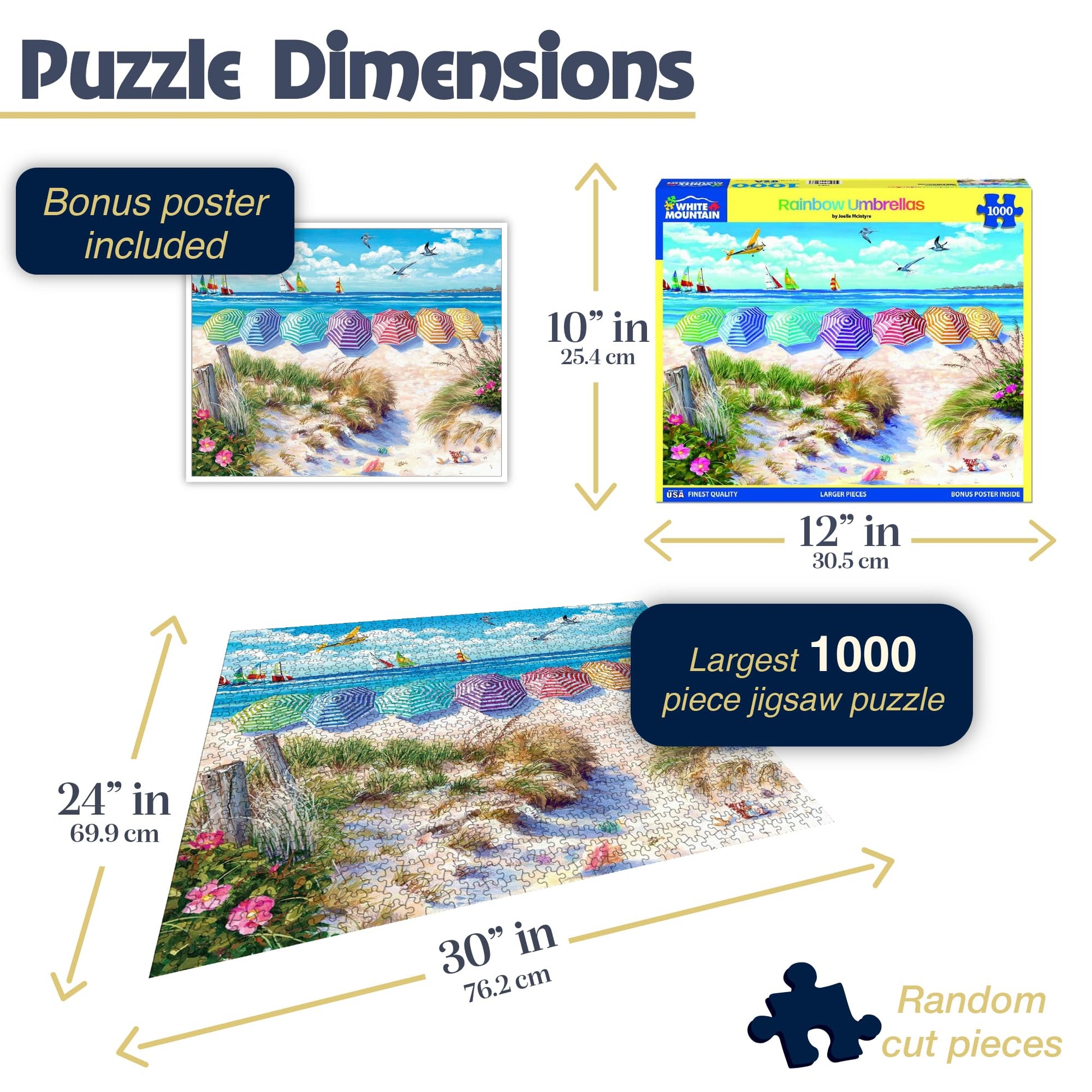 White Mountain 1000 Piece Jigsaw Puzzle Fun Summer Beach, Rainbow Umbrellas