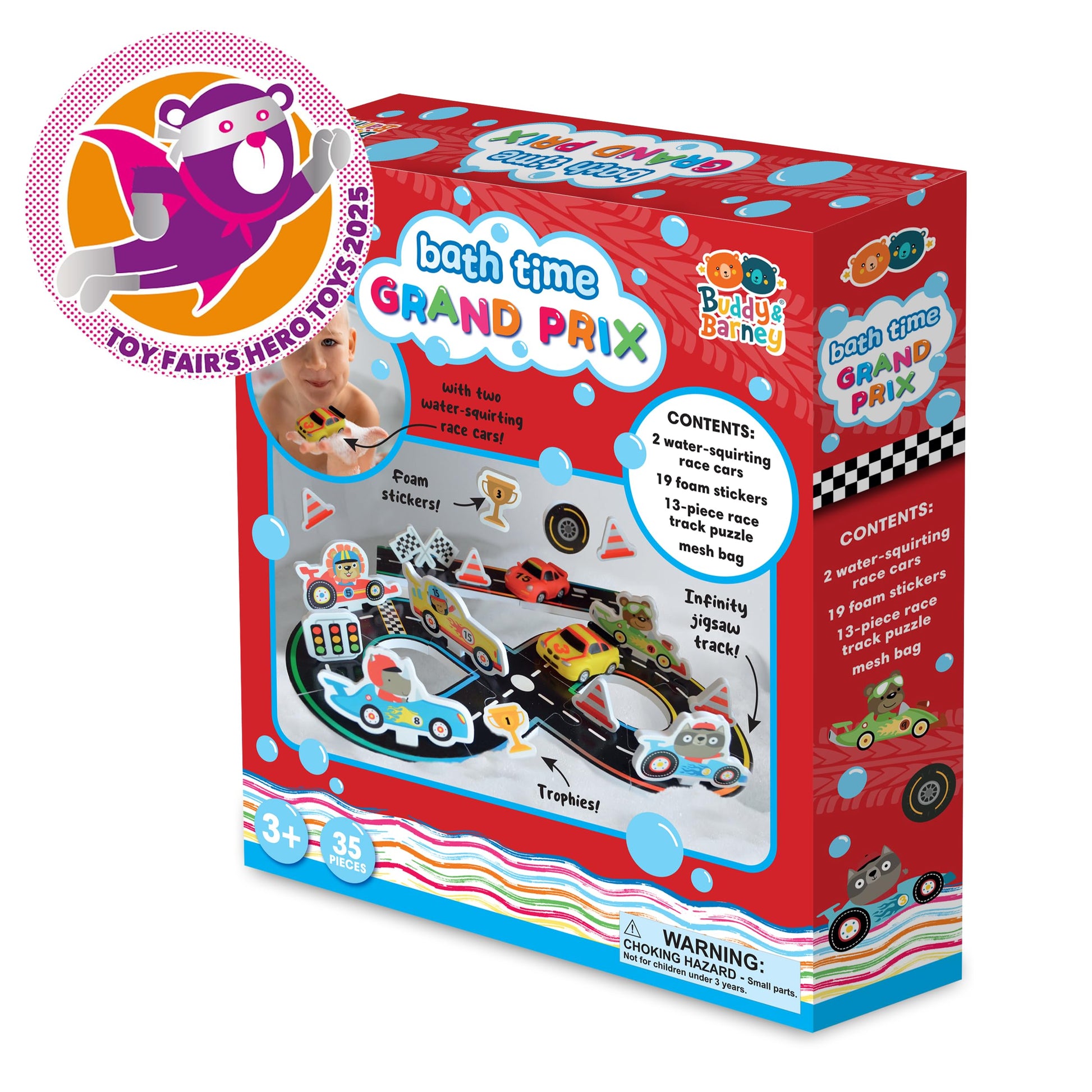 Buddy & Barney: Bath Time Grand Prix - Build A Floating Racetrack, 2 Water-Squirting Race Cars, Foam Stickers & Track Puzzle, Interactive Toy, Kids 3+