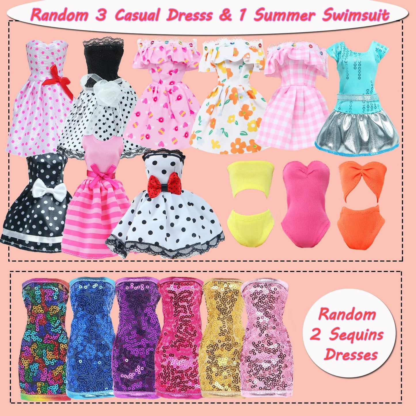 BLIJOLA Doll Clothes 21Pcs Including 3 Fashion Dresses 5 Daily Slip Dresses 2 Casual Tops and Pants Outfits 2 Sequins Dress 1 Swimsuit 3 Bags 5