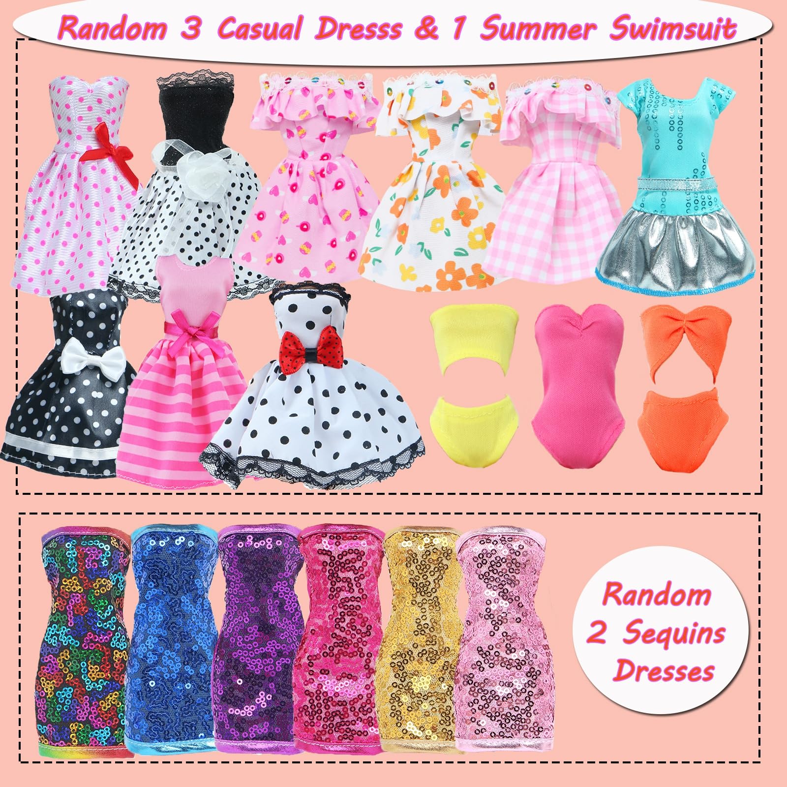 BLIJOLA Doll Clothes 21Pcs Including 3 Fashion Dresses 5 Daily Slip Dresses 2 Casual Tops and Pants Outfits 2 Sequins Dress 1 Swimsuit 3 Bags 5