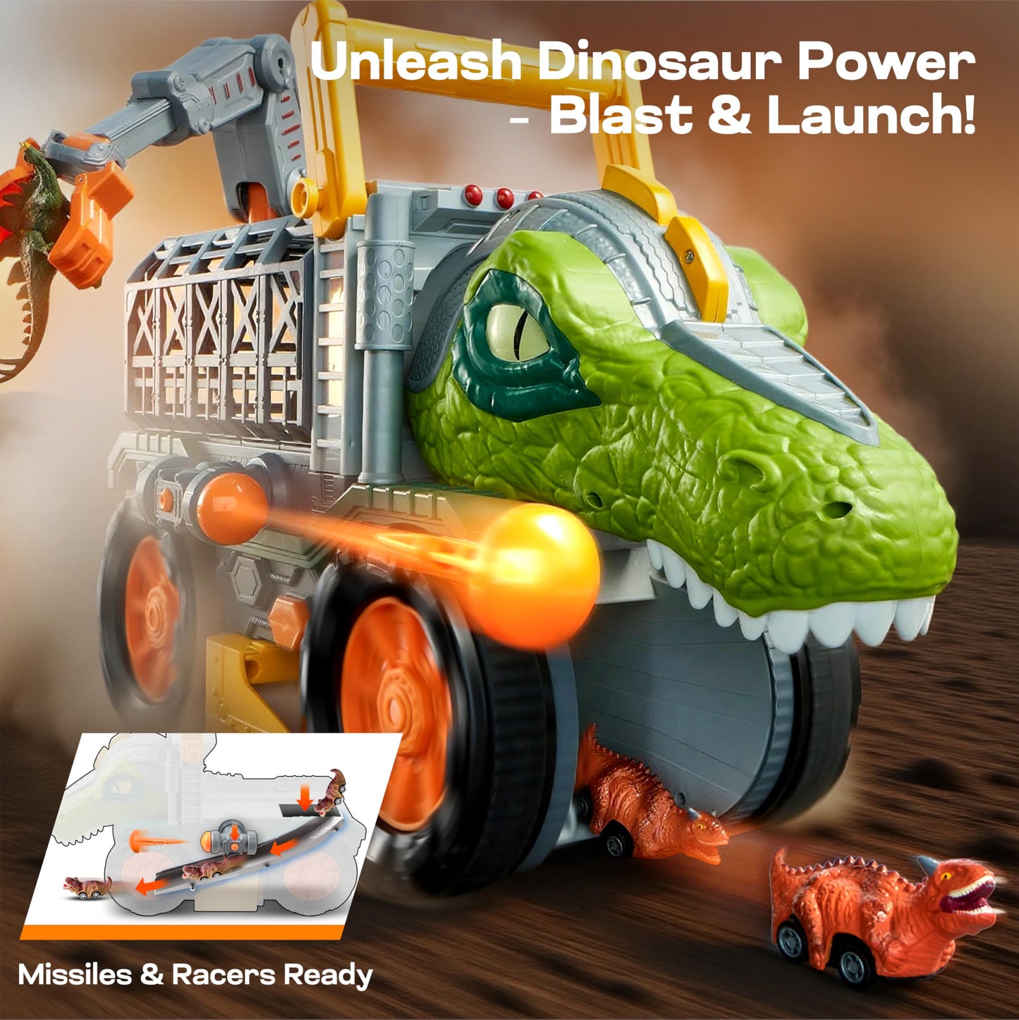 JOVA Vroomix Dinosaur Toy for Toddlers 2 3 4 5+ Year Old, Extra Large Dinosaur Monster Truck with Figures, T-Rex Toy with Launcher and Darts, Crane