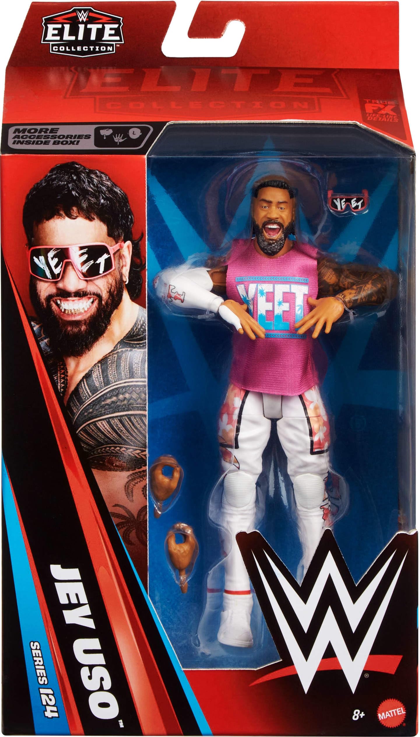 Mattel WWE Elite Action Figure & Accessories, Series #124 Set, 6-inch Collectible Jey USO with 25 Articulation Points & Swappable Hands